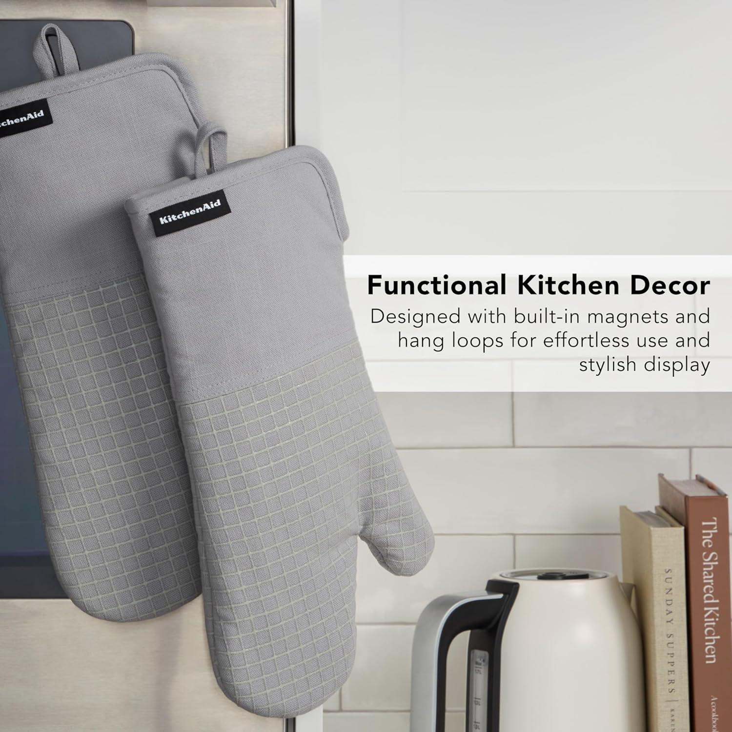 imageKITCHENAID Gourmet Series Gridlines Oven Mitts 2Pack Set Heat Resistant up to 600F Soft Silicone Grip Magnetic Cuff Mineral Water Aqua 7quotx14quotMatte Grey