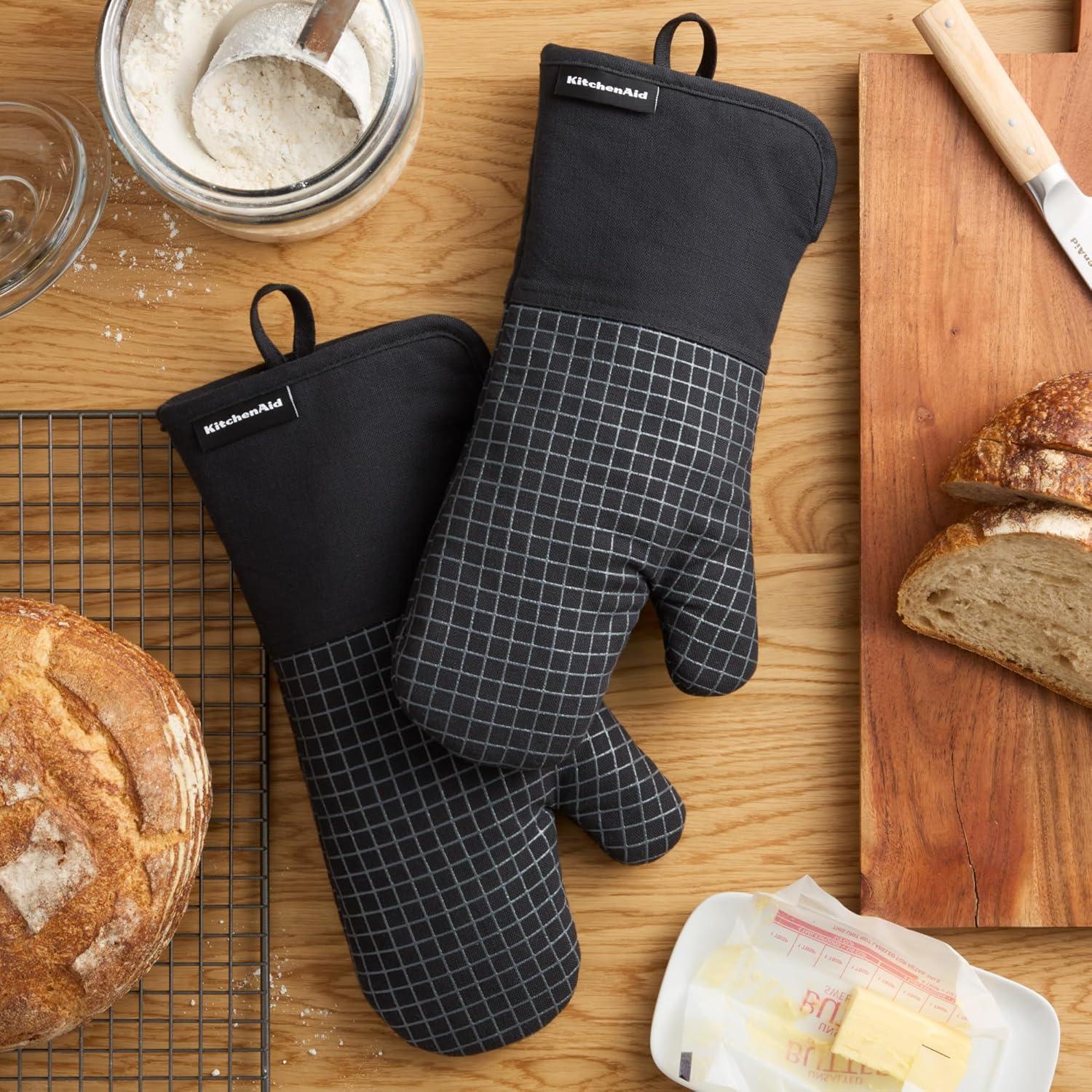 imageKITCHENAID Gourmet Series Gridlines Oven Mitts 2Pack Set Heat Resistant up to 600F Soft Silicone Grip Magnetic Cuff Mineral Water Aqua 7quotx14quotMatte Black