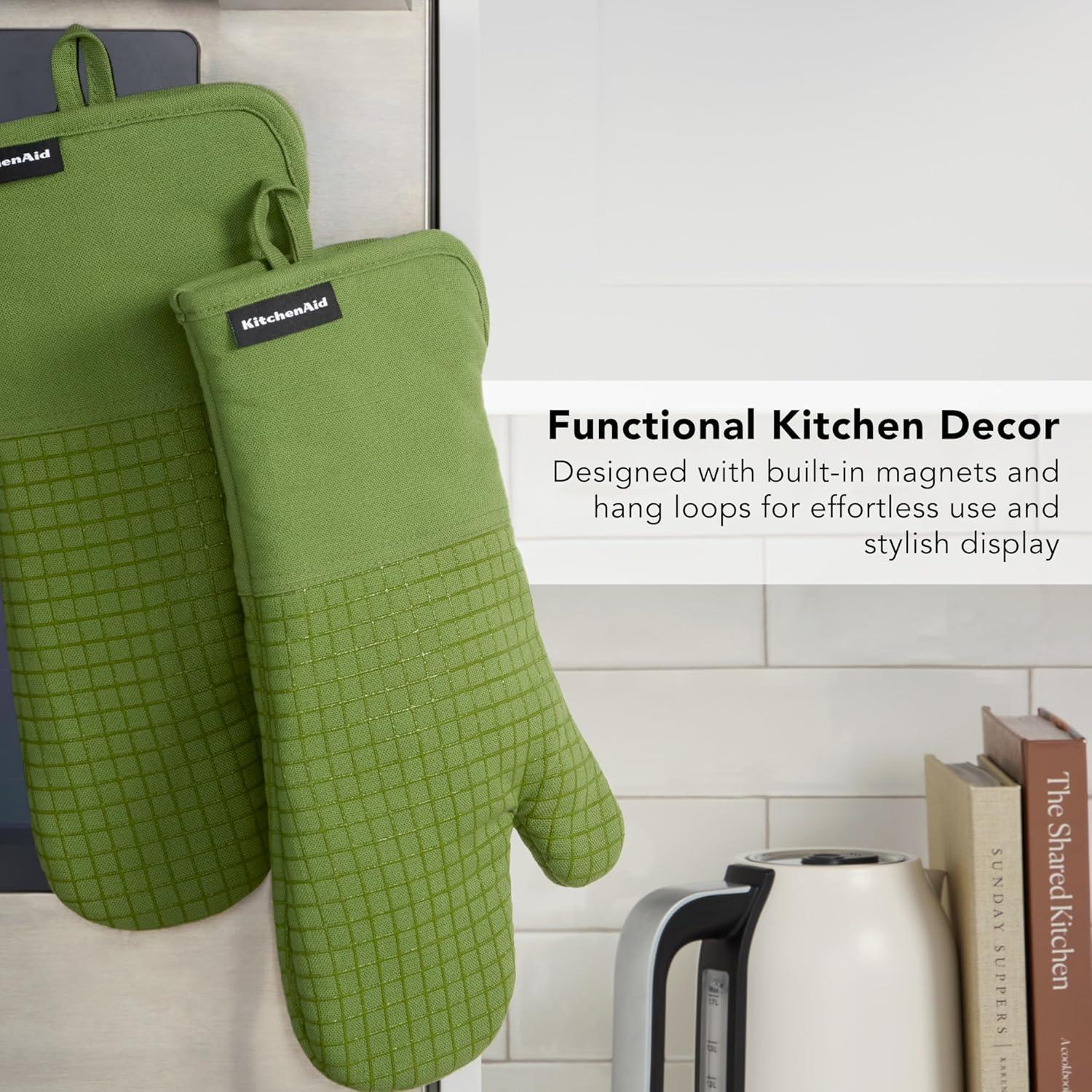 imageKITCHENAID Gourmet Series Gridlines Oven Mitts 2Pack Set Heat Resistant up to 600F Soft Silicone Grip Magnetic Cuff Mineral Water Aqua 7quotx14quotMatcha Green