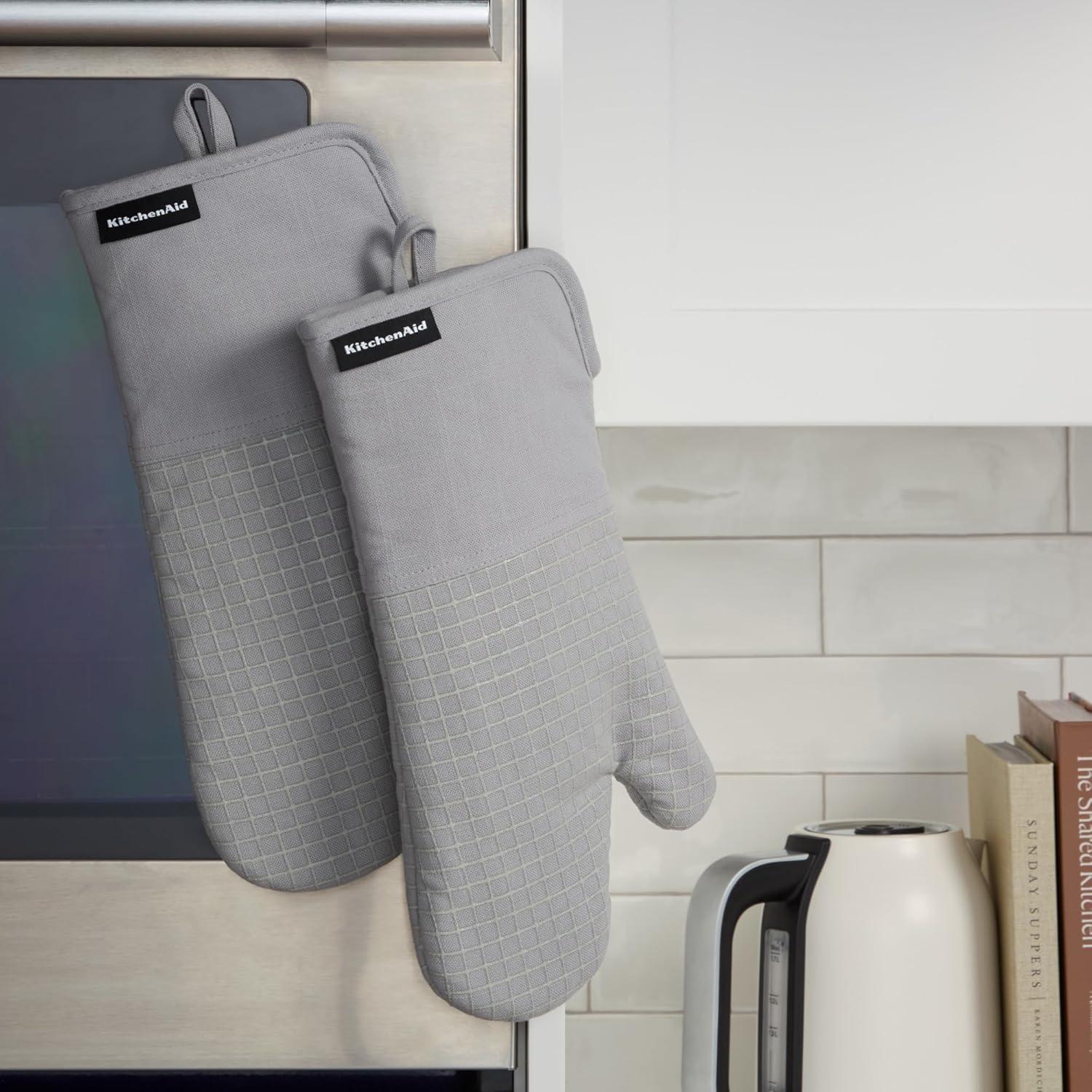 imageKITCHENAID Gourmet Series Gridlines Oven Mitts 2Pack Set Heat Resistant up to 600F Soft Silicone Grip Magnetic Cuff Mineral Water Aqua 7quotx14quotMatte Grey