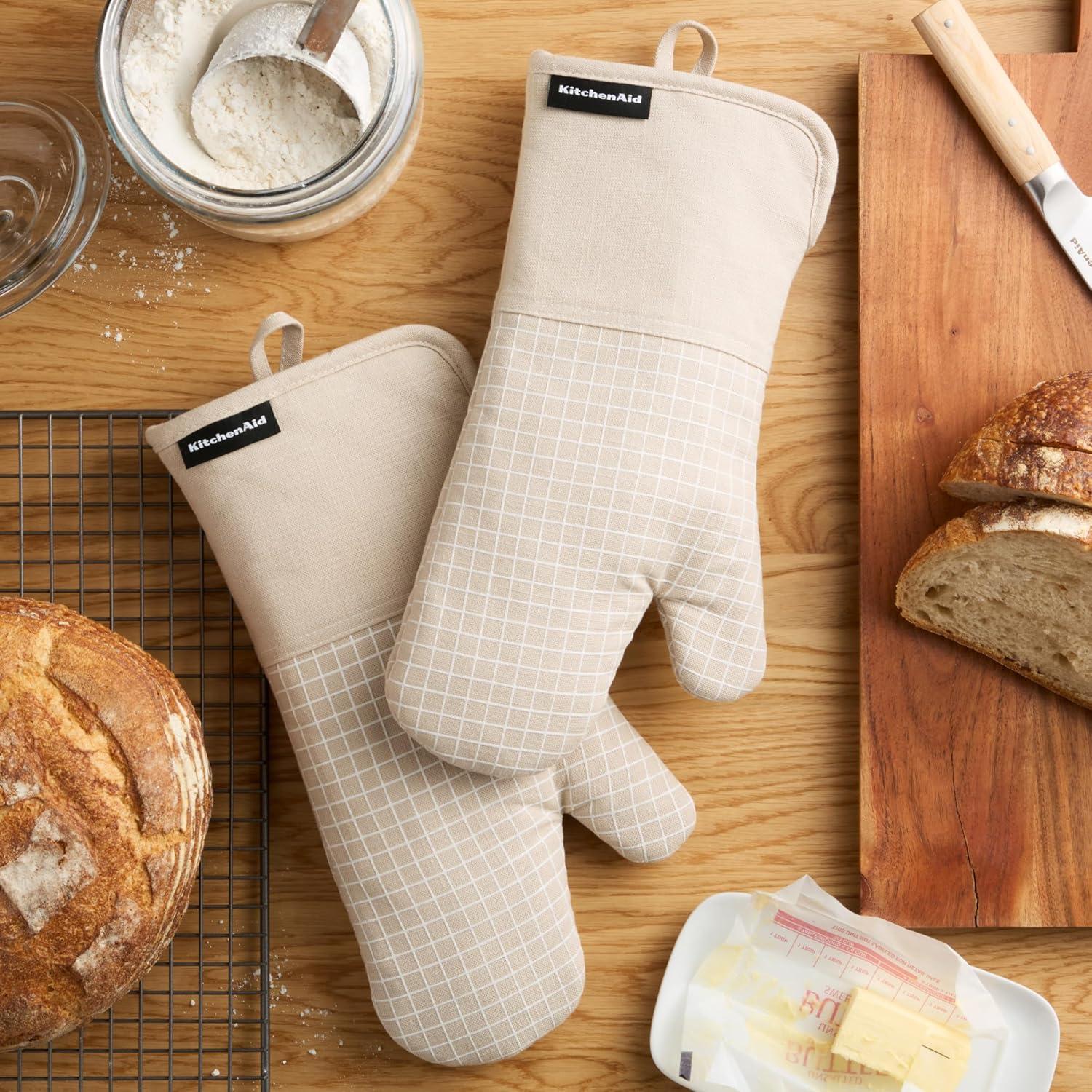 imageKITCHENAID Gourmet Series Gridlines Oven Mitts 2Pack Set Heat Resistant up to 600F Soft Silicone Grip Magnetic Cuff Mineral Water Aqua 7quotx14quotMilkshake Tan