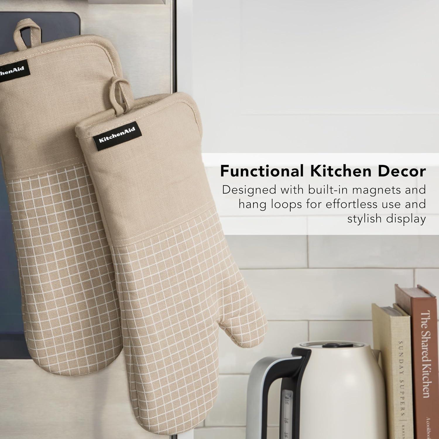 imageKITCHENAID Gourmet Series Gridlines Oven Mitts 2Pack Set Heat Resistant up to 600F Soft Silicone Grip Magnetic Cuff Mineral Water Aqua 7quotx14quotMilkshake Tan
