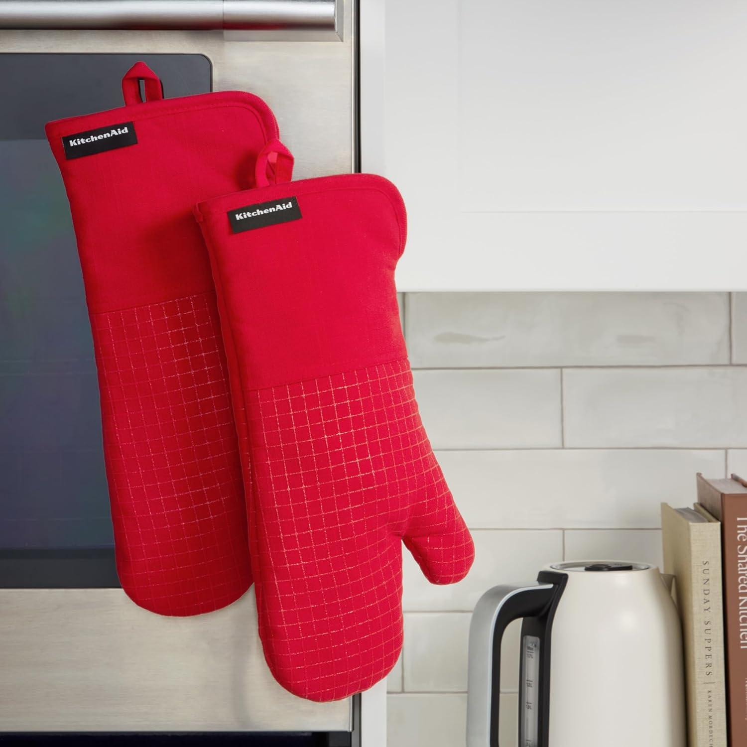 imageKITCHENAID Gourmet Series Gridlines Oven Mitts 2Pack Set Heat Resistant up to 600F Soft Silicone Grip Magnetic Cuff Mineral Water Aqua 7quotx14quotPassion Red