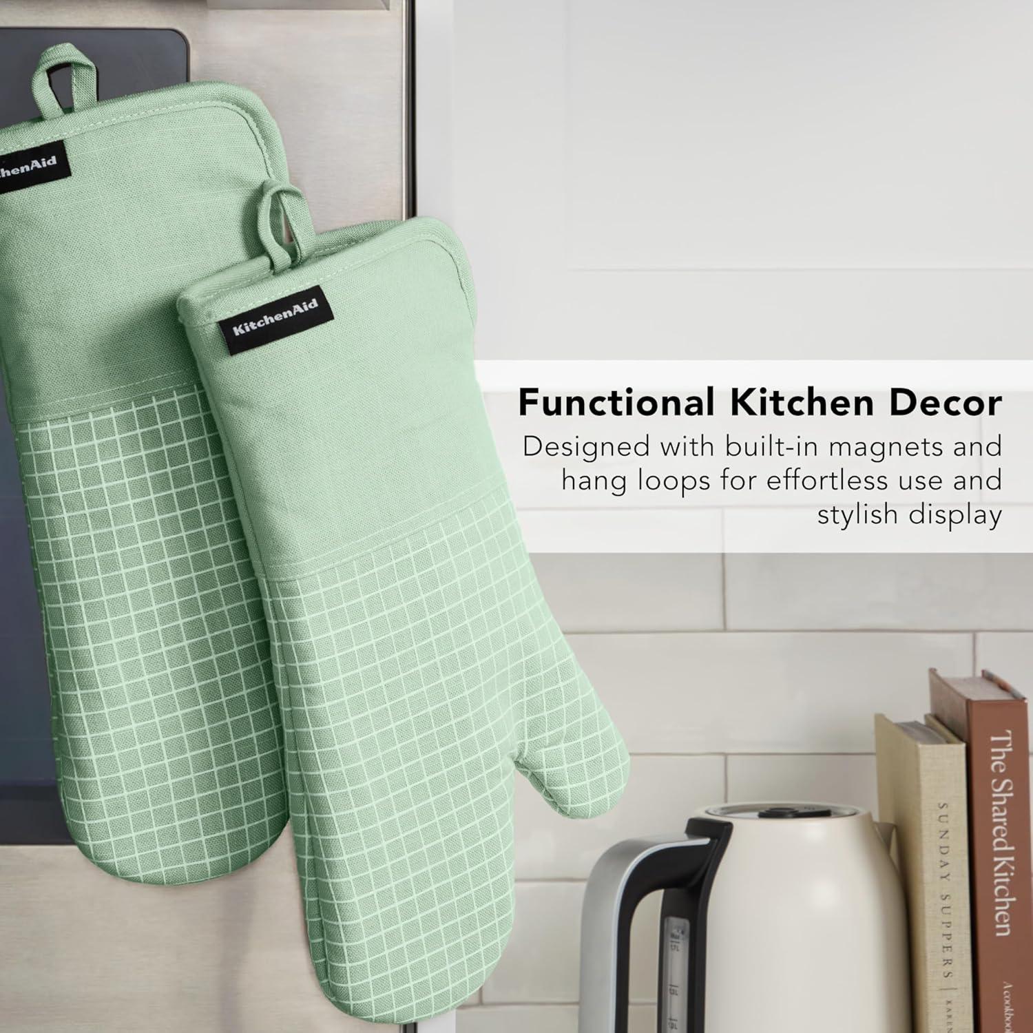 imageKITCHENAID Gourmet Series Gridlines Oven Mitts 2Pack Set Heat Resistant up to 600F Soft Silicone Grip Magnetic Cuff Mineral Water Aqua 7quotx14quotPistachio Green