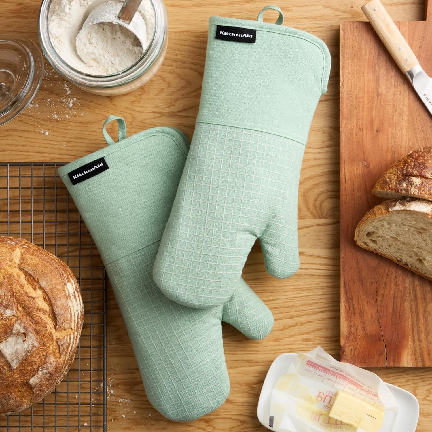 imageKITCHENAID Gourmet Series Gridlines Oven Mitts 2Pack Set Heat Resistant up to 600F Soft Silicone Grip Magnetic Cuff Mineral Water Aqua 7quotx14quotPistachio Green