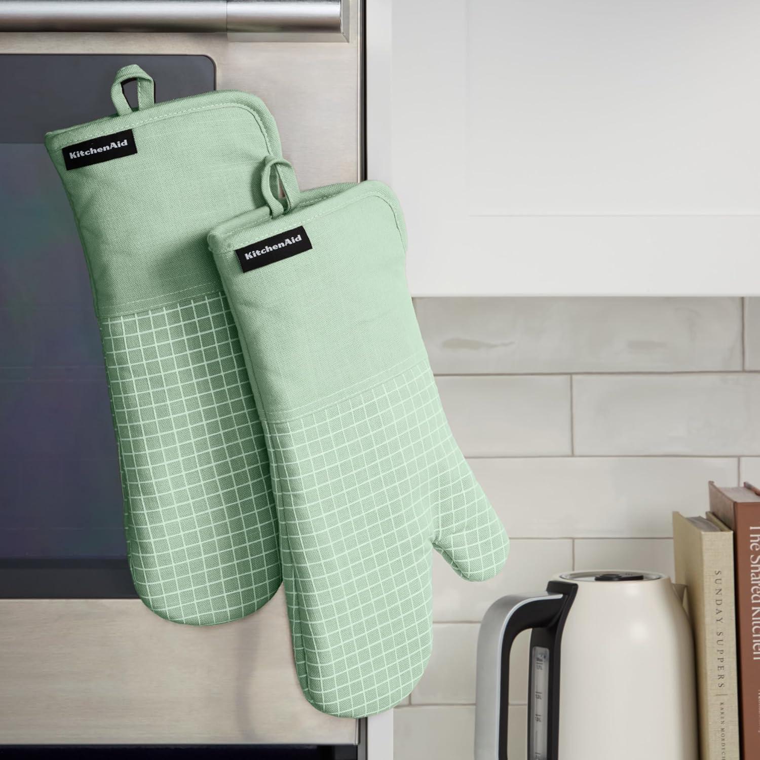 imageKITCHENAID Gourmet Series Gridlines Oven Mitts 2Pack Set Heat Resistant up to 600F Soft Silicone Grip Magnetic Cuff Mineral Water Aqua 7quotx14quotPistachio Green