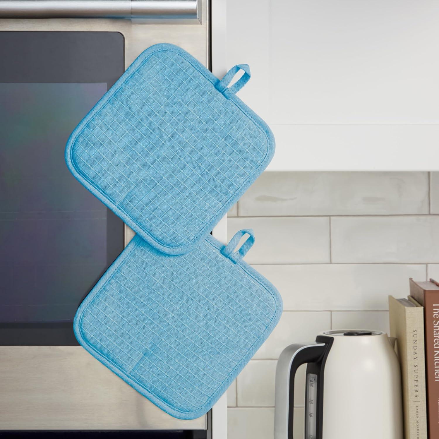 imageKITCHENAID Gourmet Series Gridlines Pot Holders 2Pack Set Heat Resistant up to 600F Soft Silicone Grip Magnetic Cuff Ink Blue 8quotx8quotBlue Velvet
