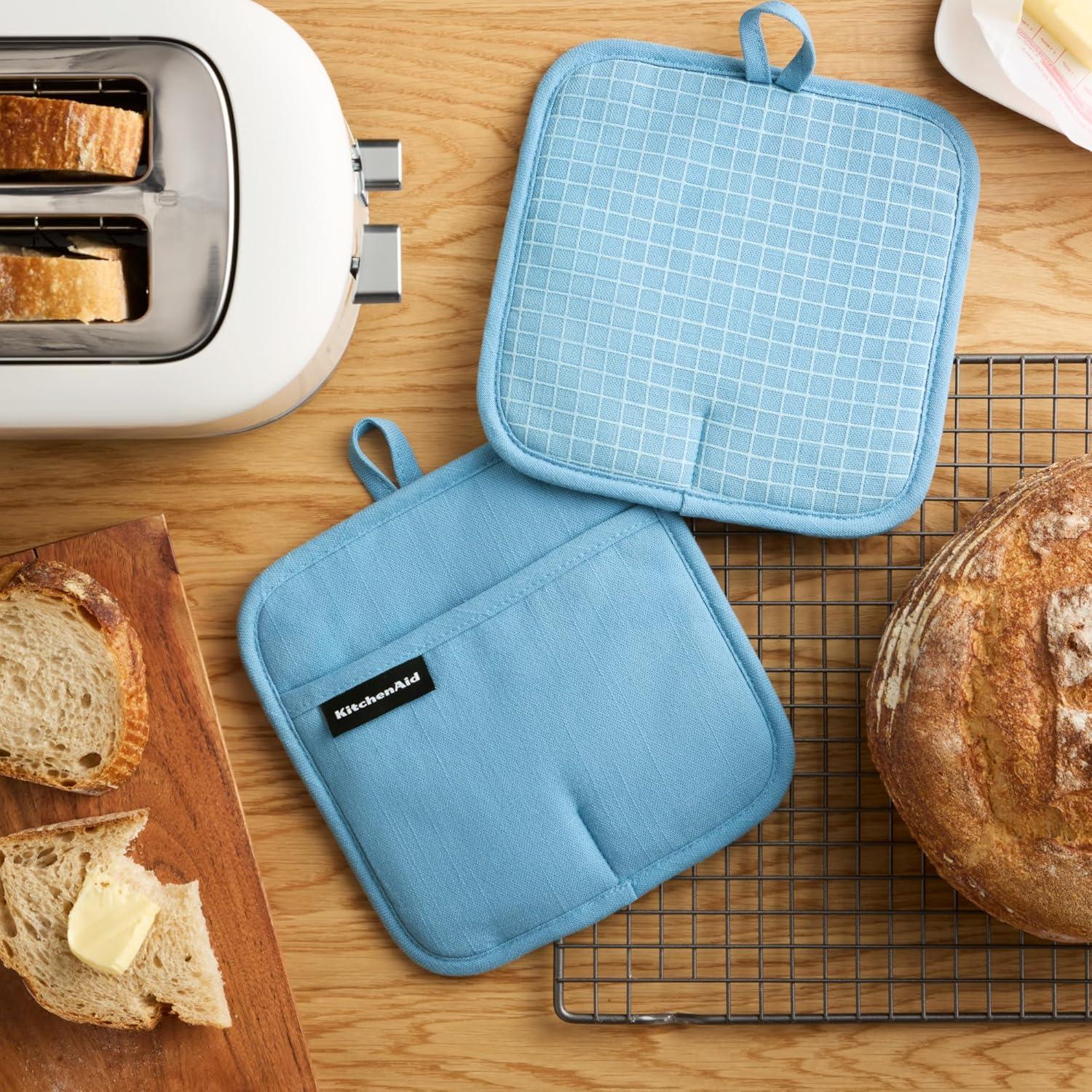 imageKITCHENAID Gourmet Series Gridlines Pot Holders 2Pack Set Heat Resistant up to 600F Soft Silicone Grip Magnetic Cuff Ink Blue 8quotx8quotBlue Velvet