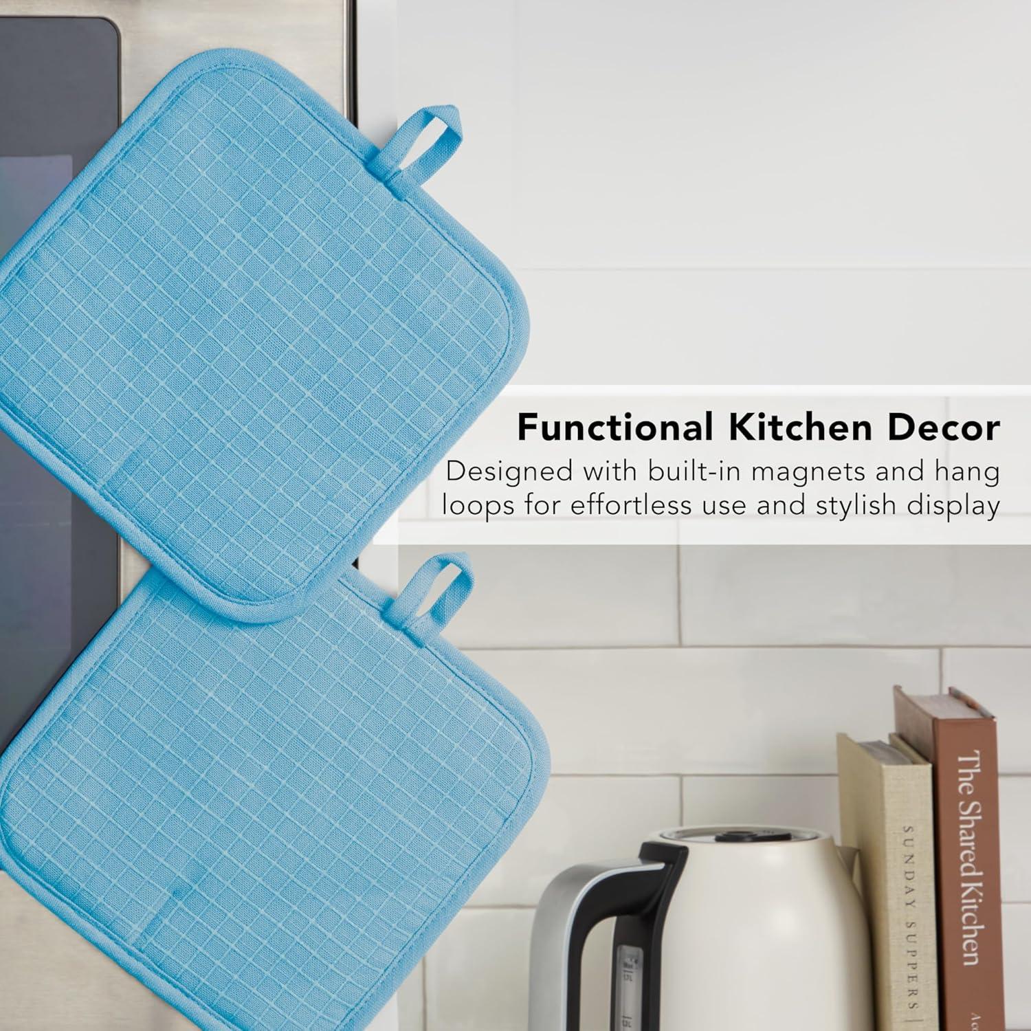 imageKITCHENAID Gourmet Series Gridlines Pot Holders 2Pack Set Heat Resistant up to 600F Soft Silicone Grip Magnetic Cuff Ink Blue 8quotx8quotBlue Velvet