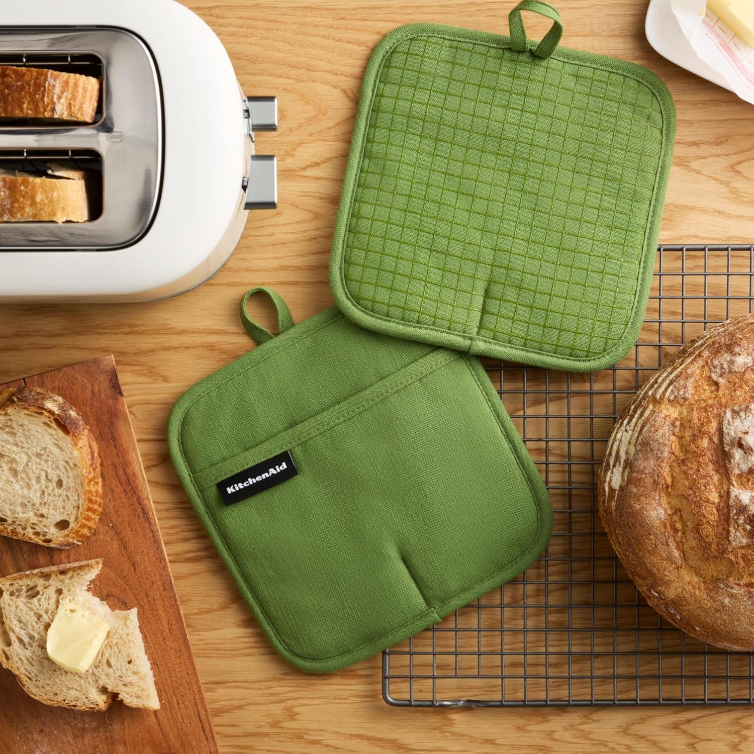 imageKITCHENAID Gourmet Series Gridlines Pot Holders 2Pack Set Heat Resistant up to 600F Soft Silicone Grip Magnetic Cuff Ink Blue 8quotx8quotMatcha Green