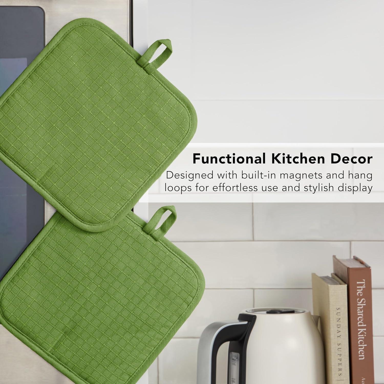 imageKITCHENAID Gourmet Series Gridlines Pot Holders 2Pack Set Heat Resistant up to 600F Soft Silicone Grip Magnetic Cuff Ink Blue 8quotx8quotMatcha Green