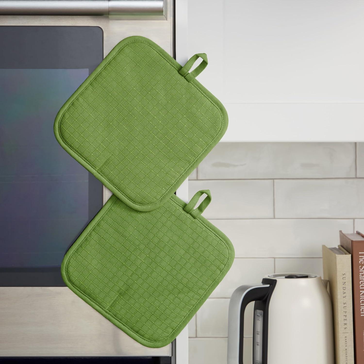 imageKITCHENAID Gourmet Series Gridlines Pot Holders 2Pack Set Heat Resistant up to 600F Soft Silicone Grip Magnetic Cuff Ink Blue 8quotx8quotMatcha Green