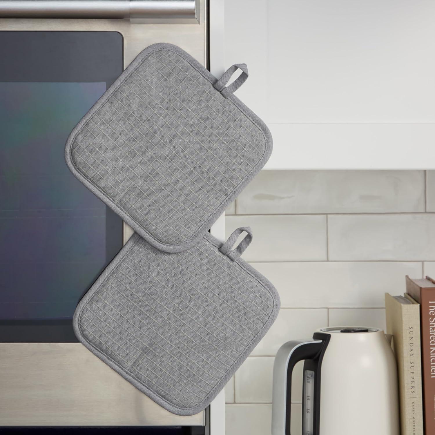 imageKITCHENAID Gourmet Series Gridlines Pot Holders 2Pack Set Heat Resistant up to 600F Soft Silicone Grip Magnetic Cuff Ink Blue 8quotx8quotMatte Grey