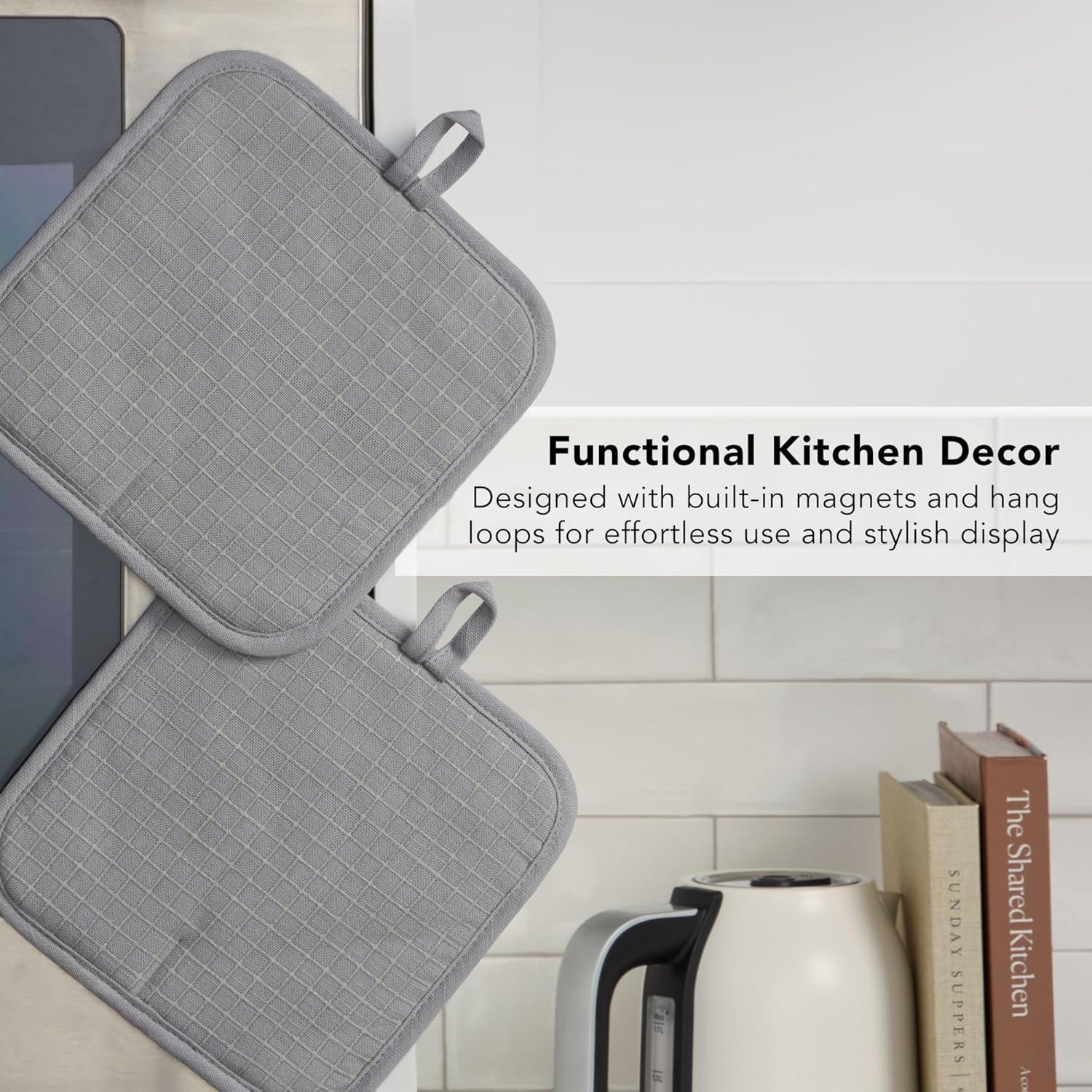 imageKITCHENAID Gourmet Series Gridlines Pot Holders 2Pack Set Heat Resistant up to 600F Soft Silicone Grip Magnetic Cuff Ink Blue 8quotx8quotMatte Grey