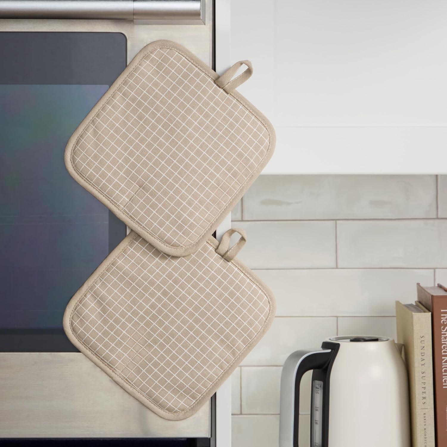 imageKITCHENAID Gourmet Series Gridlines Pot Holders 2Pack Set Heat Resistant up to 600F Soft Silicone Grip Magnetic Cuff Ink Blue 8quotx8quotMilkshake Tan