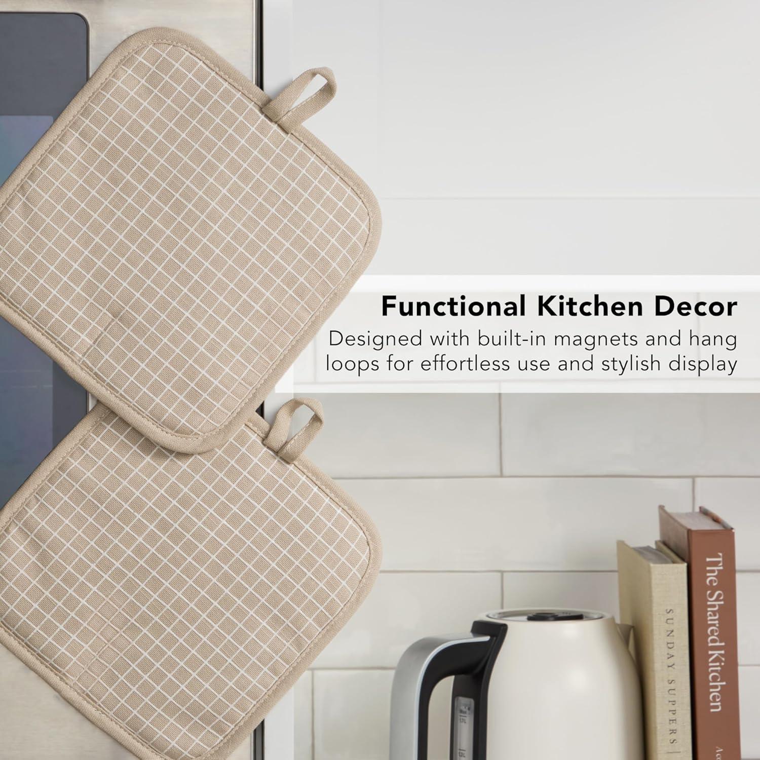 imageKITCHENAID Gourmet Series Gridlines Pot Holders 2Pack Set Heat Resistant up to 600F Soft Silicone Grip Magnetic Cuff Ink Blue 8quotx8quotMilkshake Tan