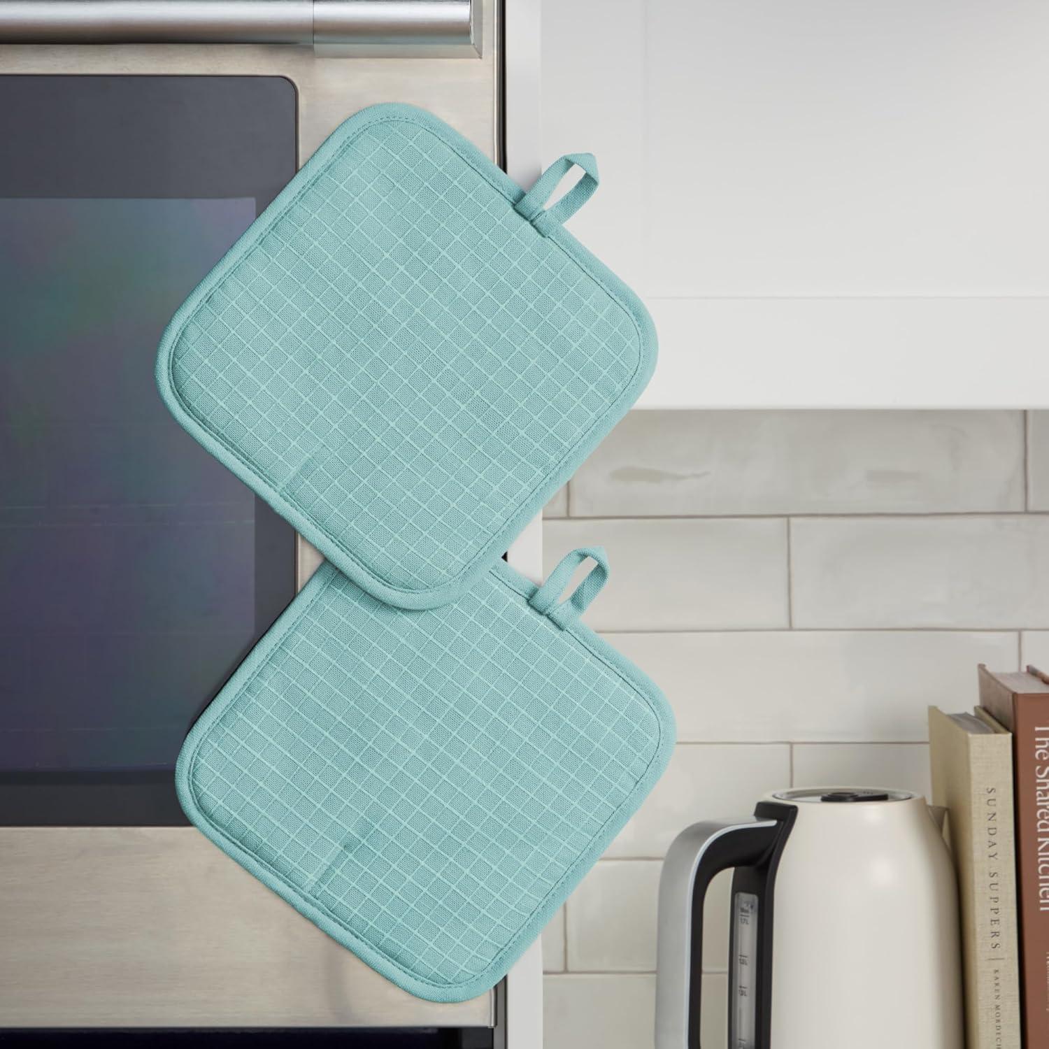 imageKITCHENAID Gourmet Series Gridlines Pot Holders 2Pack Set Heat Resistant up to 600F Soft Silicone Grip Magnetic Cuff Ink Blue 8quotx8quotMineral Water Aqua