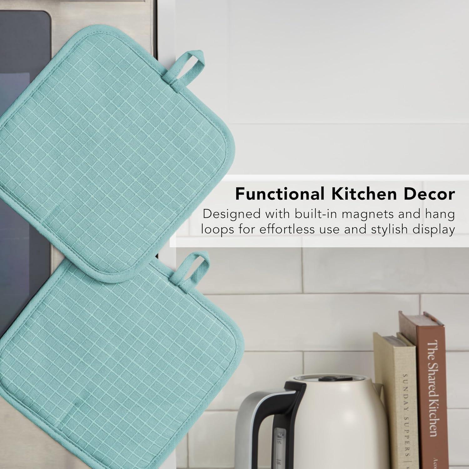 imageKITCHENAID Gourmet Series Gridlines Pot Holders 2Pack Set Heat Resistant up to 600F Soft Silicone Grip Magnetic Cuff Ink Blue 8quotx8quotMineral Water Aqua