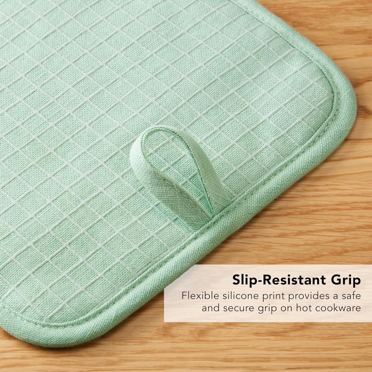 imageKITCHENAID Gourmet Series Gridlines Pot Holders 2Pack Set Heat Resistant up to 600F Soft Silicone Grip Magnetic Cuff Ink Blue 8quotx8quotPistachio Green