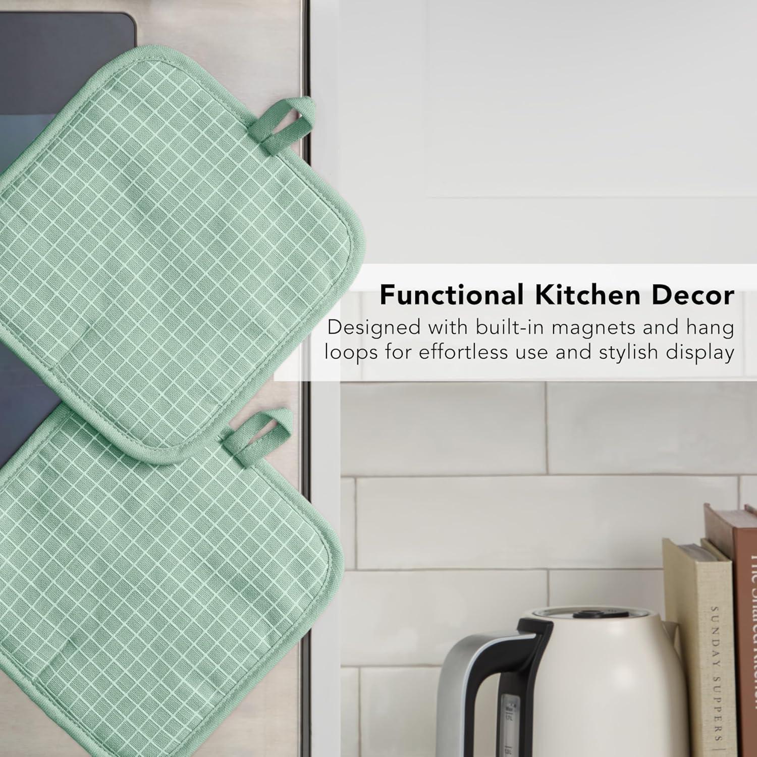 imageKITCHENAID Gourmet Series Gridlines Pot Holders 2Pack Set Heat Resistant up to 600F Soft Silicone Grip Magnetic Cuff Ink Blue 8quotx8quotPistachio Green