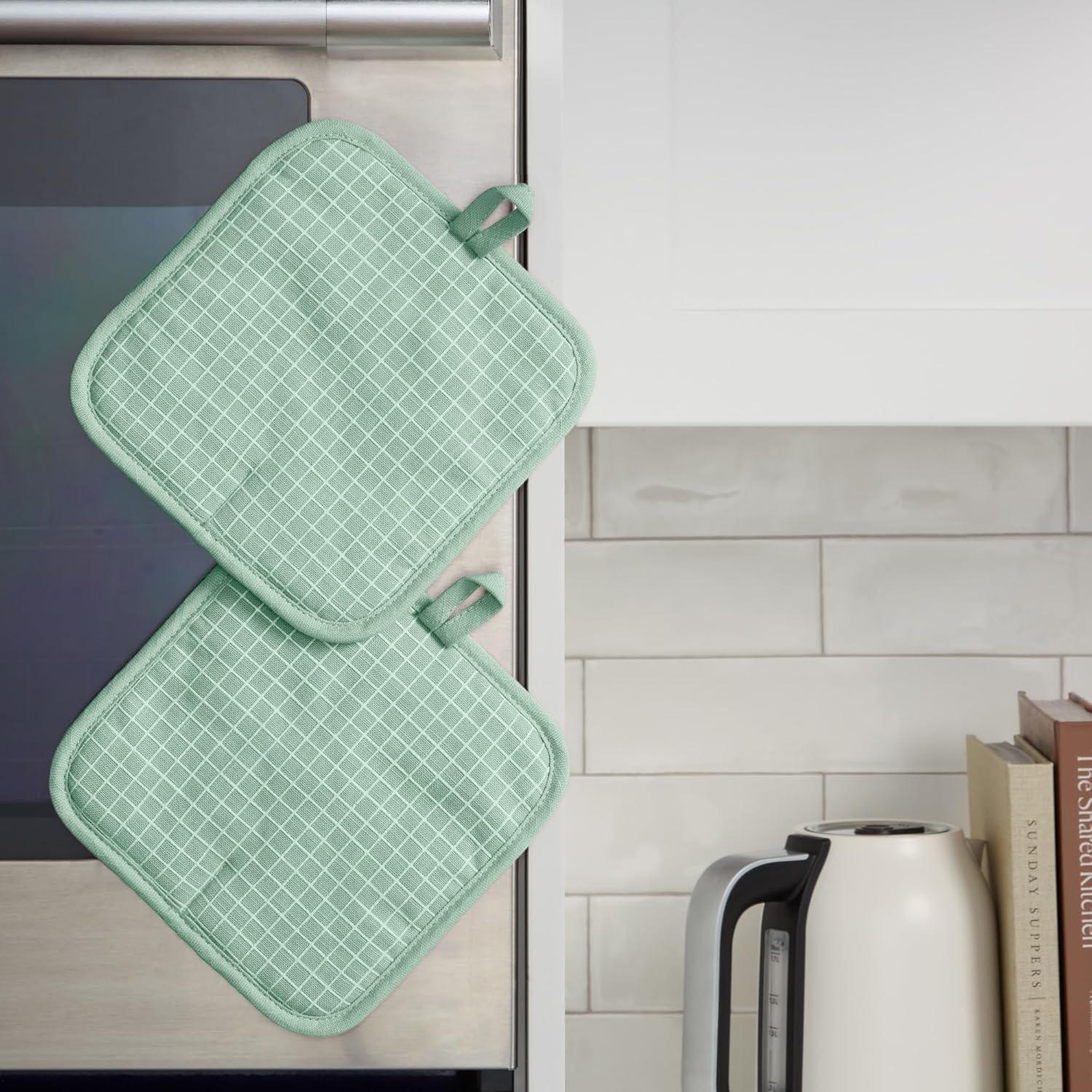 imageKITCHENAID Gourmet Series Gridlines Pot Holders 2Pack Set Heat Resistant up to 600F Soft Silicone Grip Magnetic Cuff Ink Blue 8quotx8quotPistachio Green