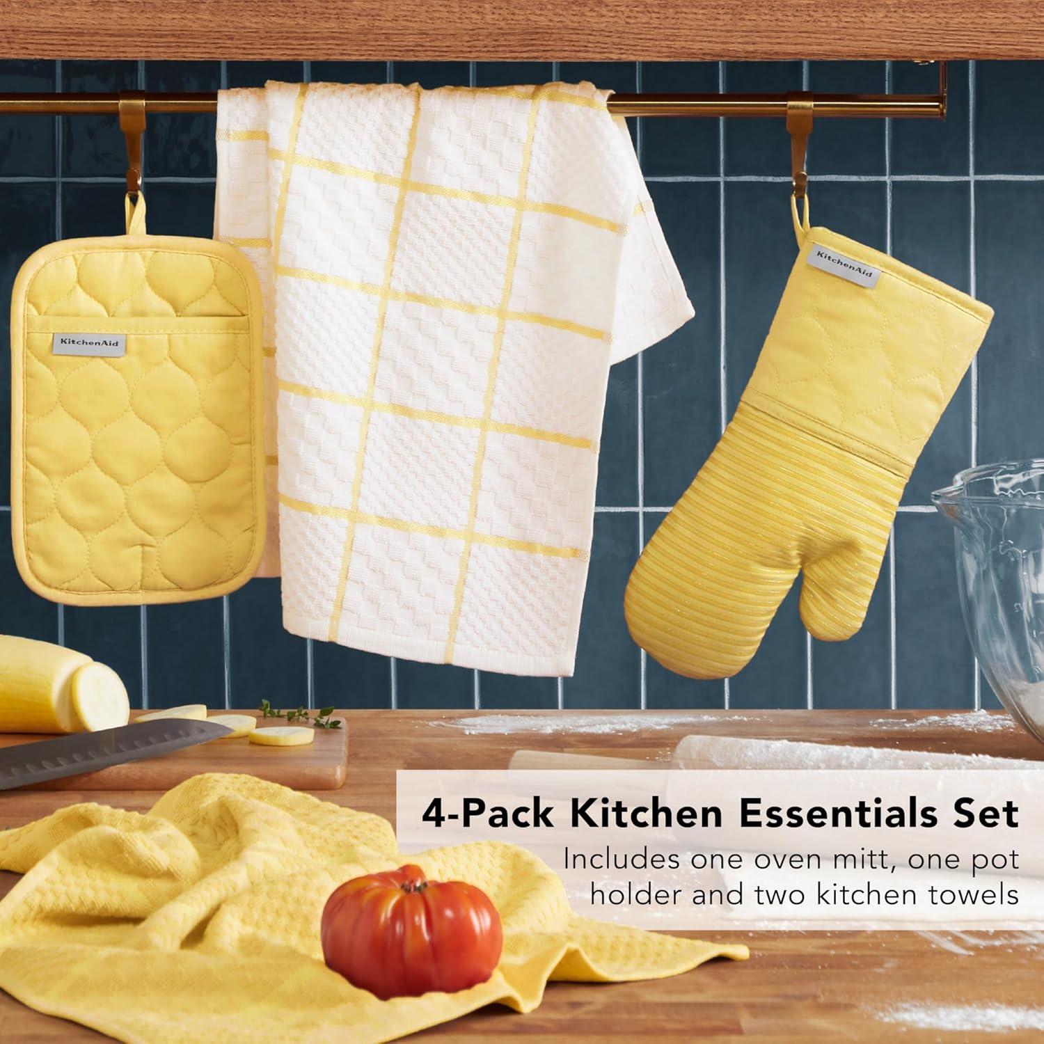 imageKITCHENAID Quilted Cotton Terry Cloth Oven Mitt Pot Holder Kitchen Towel 4Pack Set Heat Resistant Silicone Grip 16quotx26quot 7quotx13quot ampamp 7quotx10quot Aqua SkyButter Yellow