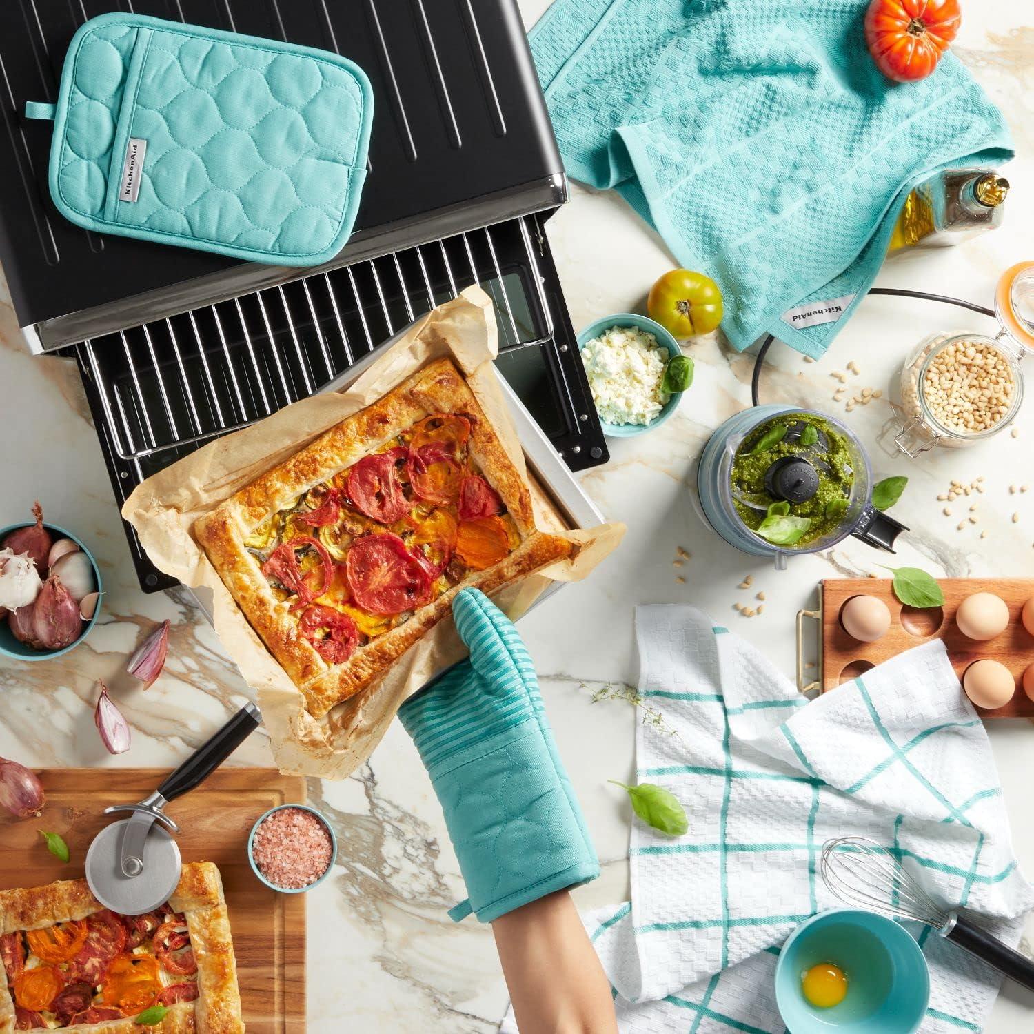 imageKITCHENAID Quilted Cotton Terry Cloth Oven Mitt Pot Holder Kitchen Towel 4Pack Set Heat Resistant Silicone Grip 16quotx26quot 7quotx13quot ampamp 7quotx10quot Aqua SkyAqua Sky