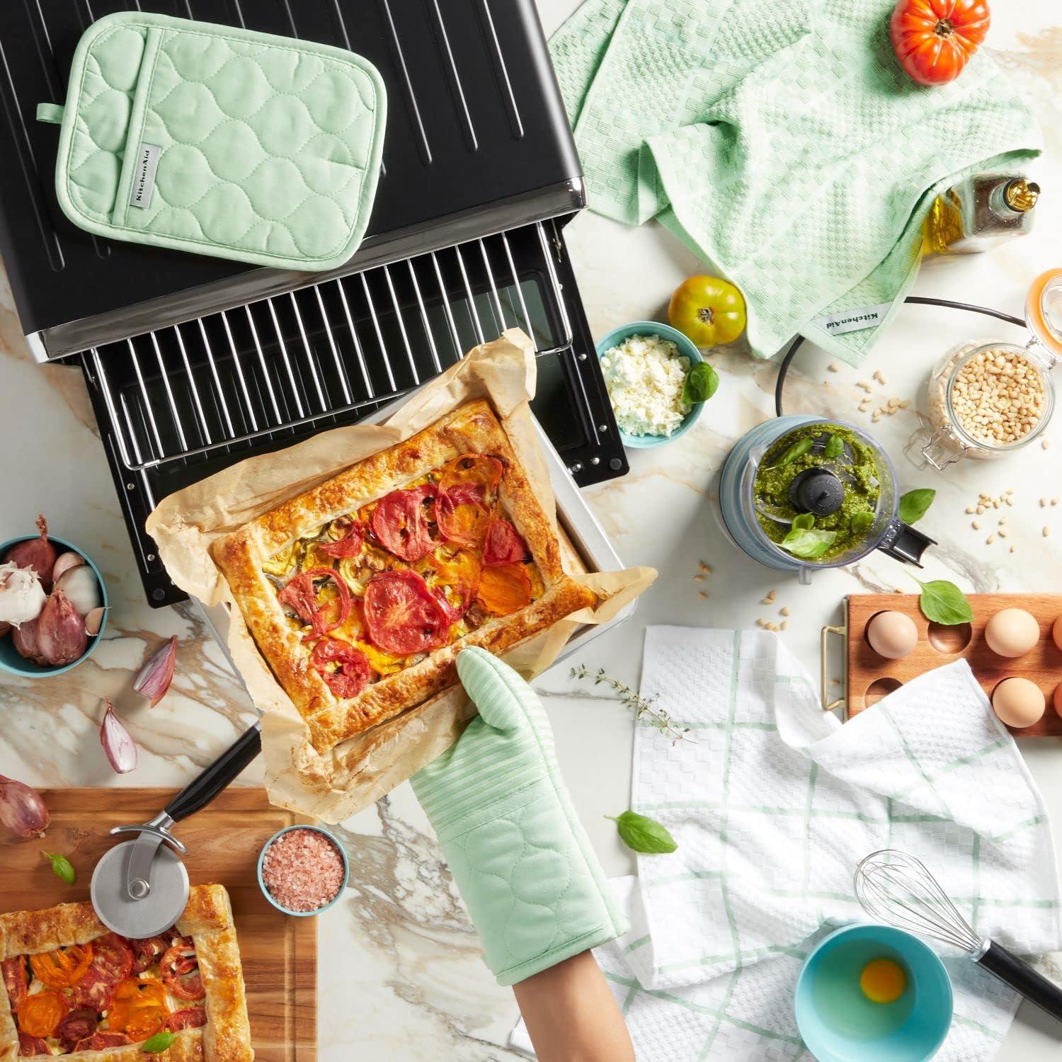 imageKITCHENAID Quilted Cotton Terry Cloth Oven Mitt Pot Holder Kitchen Towel 4Pack Set Heat Resistant Silicone Grip 16quotx26quot 7quotx13quot ampamp 7quotx10quot Aqua SkyPistachio