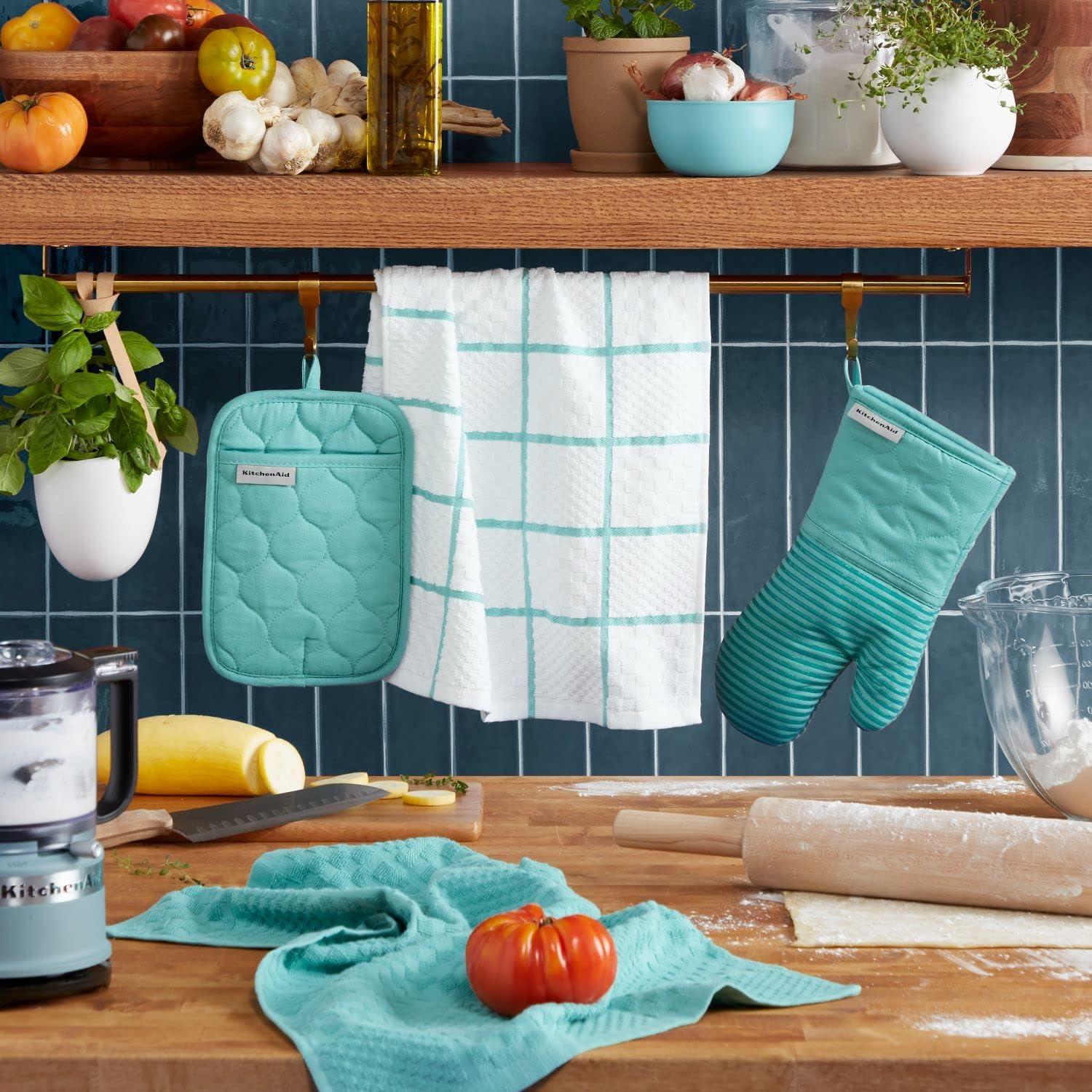 imageKITCHENAID Quilted Cotton Terry Cloth Oven Mitt Pot Holder Kitchen Towel 4Pack Set Heat Resistant Silicone Grip 16quotx26quot 7quotx13quot ampamp 7quotx10quot Aqua SkyAqua Sky