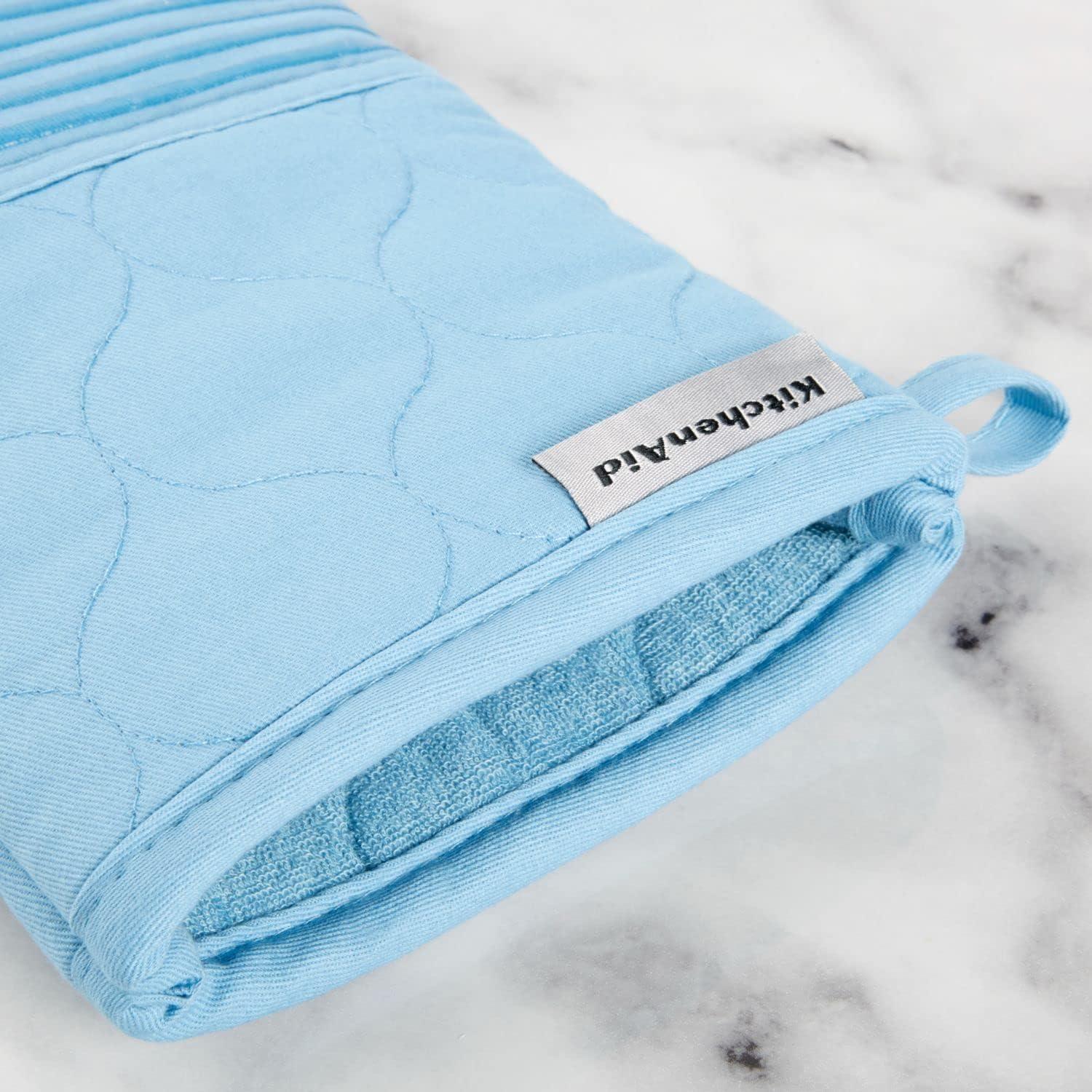 imageKITCHENAID Quilted Cotton Terry Cloth Oven Mitt Pot Holder Kitchen Towel 4Pack Set Heat Resistant Silicone Grip 16quotx26quot 7quotx13quot ampamp 7quotx10quot Aqua SkyBlue Velvet