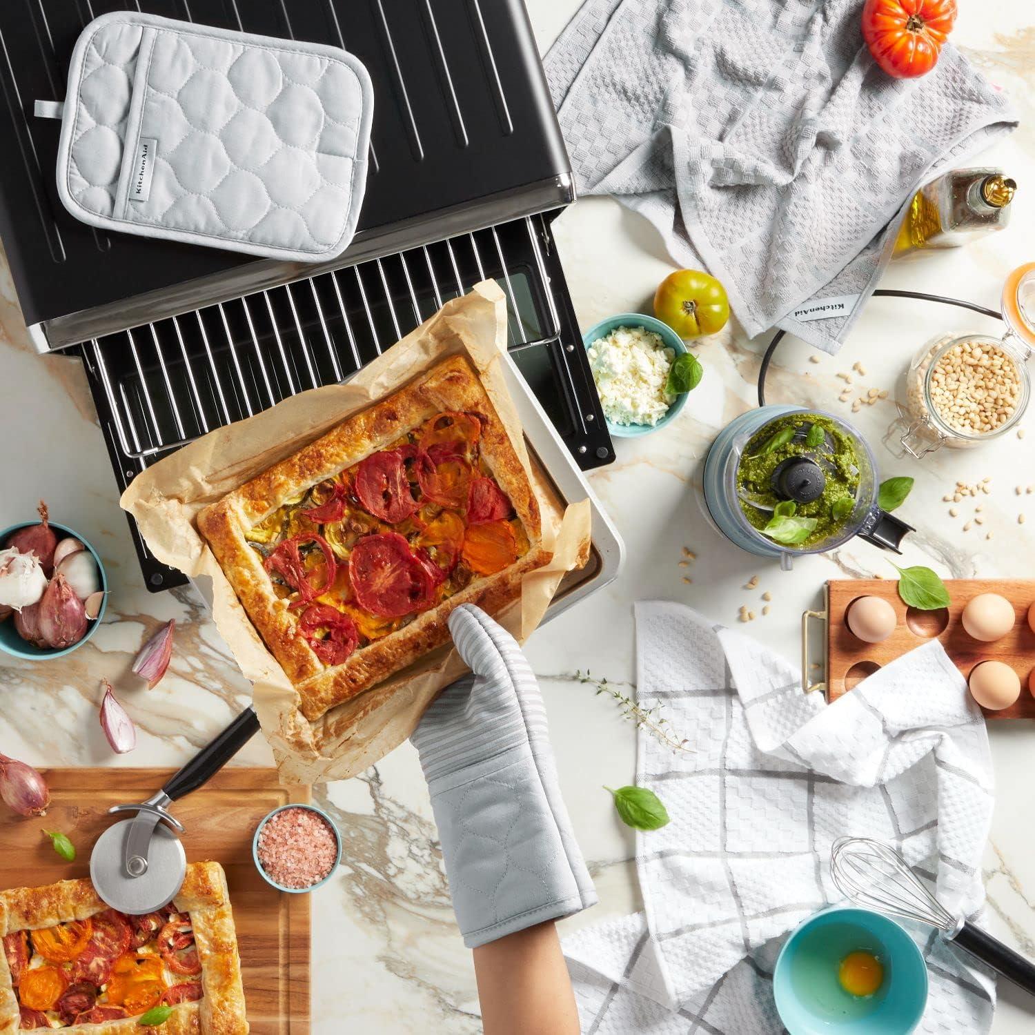 imageKITCHENAID Quilted Cotton Terry Cloth Oven Mitt Pot Holder Kitchen Towel 4Pack Set Heat Resistant Silicone Grip 16quotx26quot 7quotx13quot ampamp 7quotx10quot Aqua SkyMatte Grey