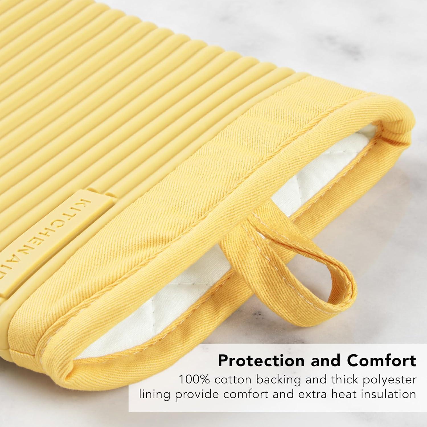 imageKITCHENAID Ribbed Soft Silicone Oven Mitt 2Pack Set 75quotx13quot Mineral Water AquaButter Yellow