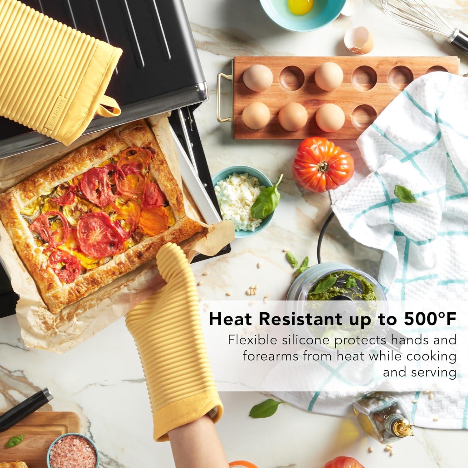 imageKITCHENAID Ribbed Soft Silicone Oven Mitt 2Pack Set 75quotx13quot Mineral Water AquaButter Yellow