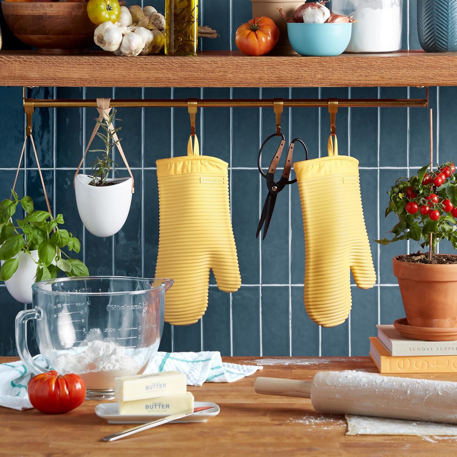 imageKITCHENAID Ribbed Soft Silicone Oven Mitt 2Pack Set 75quotx13quot Mineral Water AquaButter Yellow