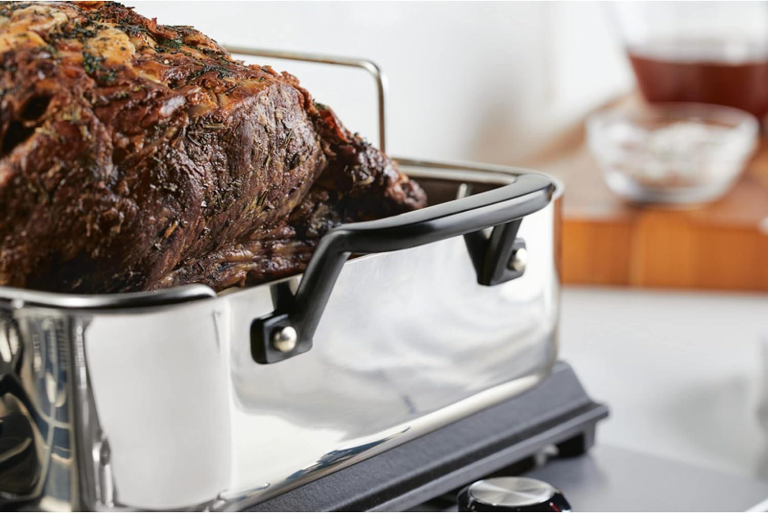 imageKitchenAid 5Ply Clad Stainless Steel Roasting PanRoaster with Removable Rack 15 Inch x 115 Inch Polished Stainless Steel