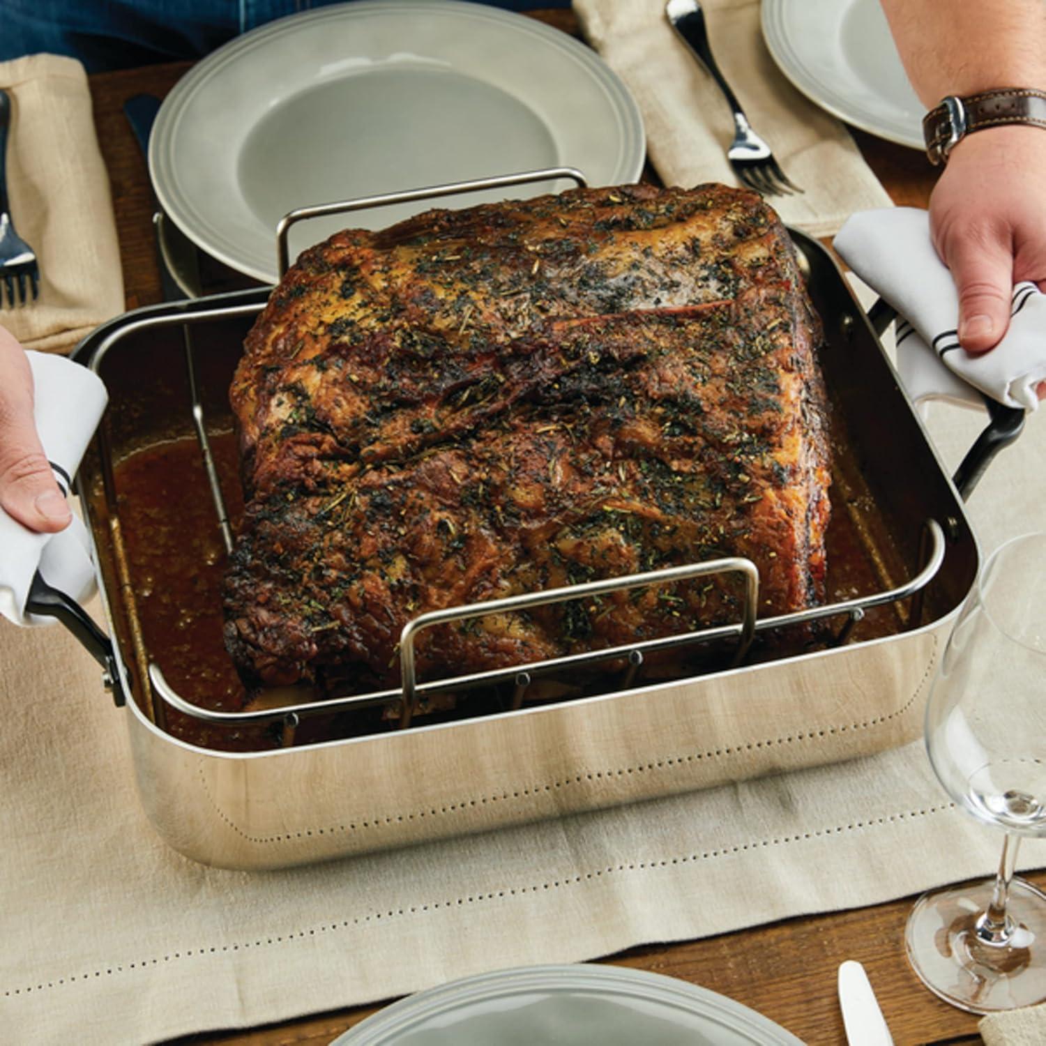 imageKitchenAid 5Ply Clad Stainless Steel Roasting PanRoaster with Removable Rack 15 Inch x 115 Inch Polished Stainless Steel