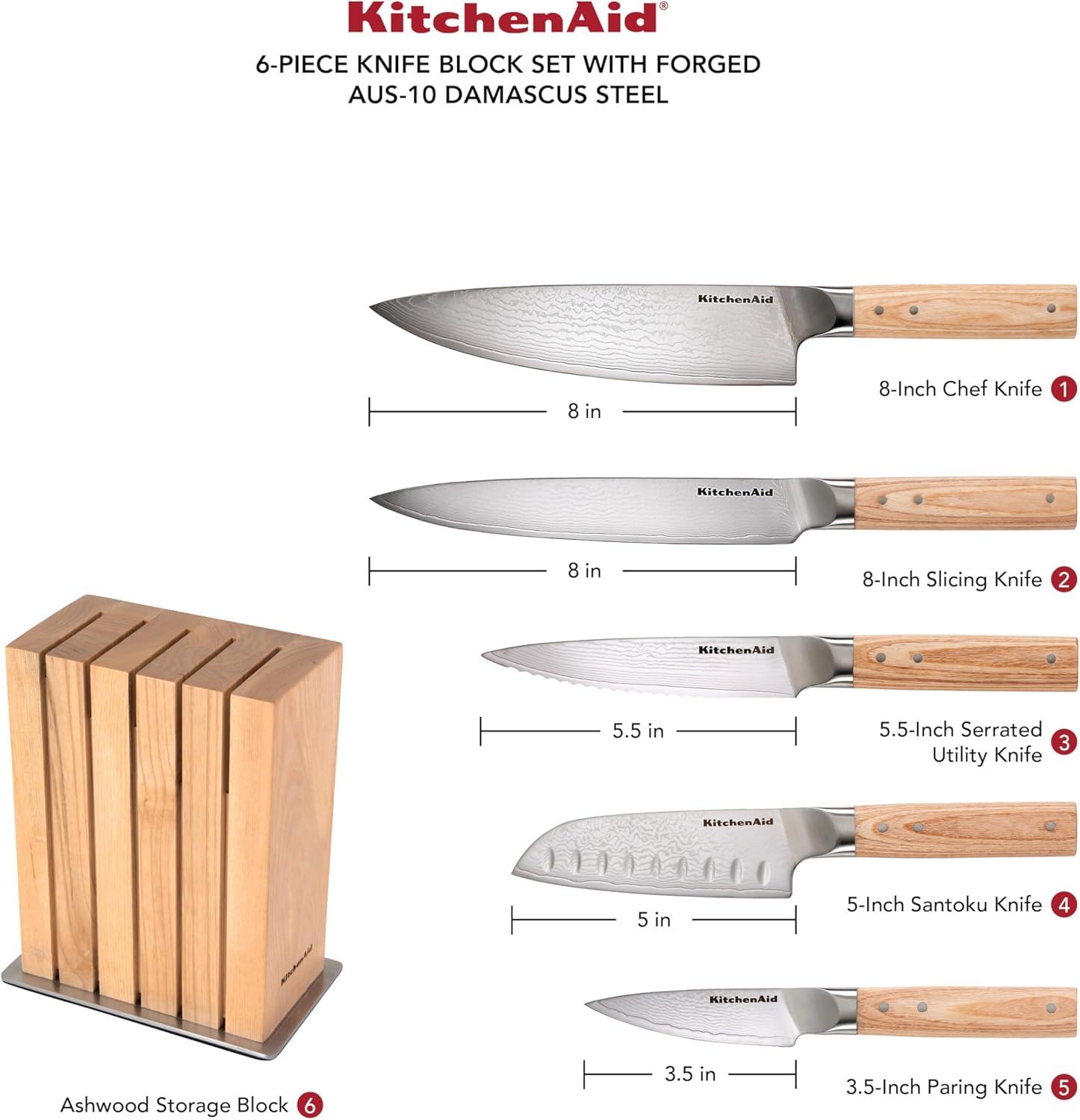 imageKitchenAid 6Piece Ashwood Knife Block Set Premium Damascus Steel Blades Pakkawood Handles SpaceSaving Design Includes Chef Santoku Slicing Utility ampamp Paring Knives Kitchen Knife SetBlonde