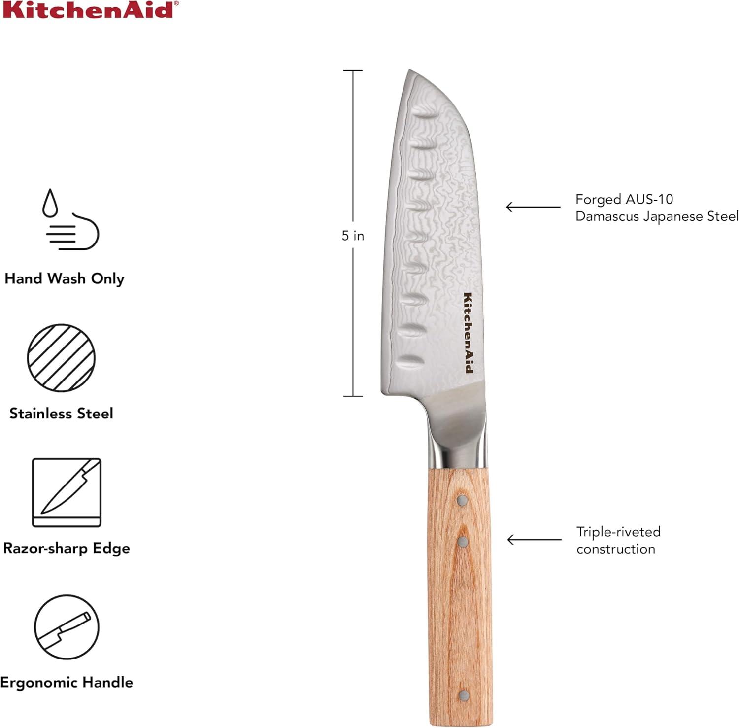 imageKitchenAid 6Piece Ashwood Knife Block Set Premium Damascus Steel Blades Pakkawood Handles SpaceSaving Design Includes Chef Santoku Slicing Utility ampamp Paring Knives Kitchen Knife SetBlonde