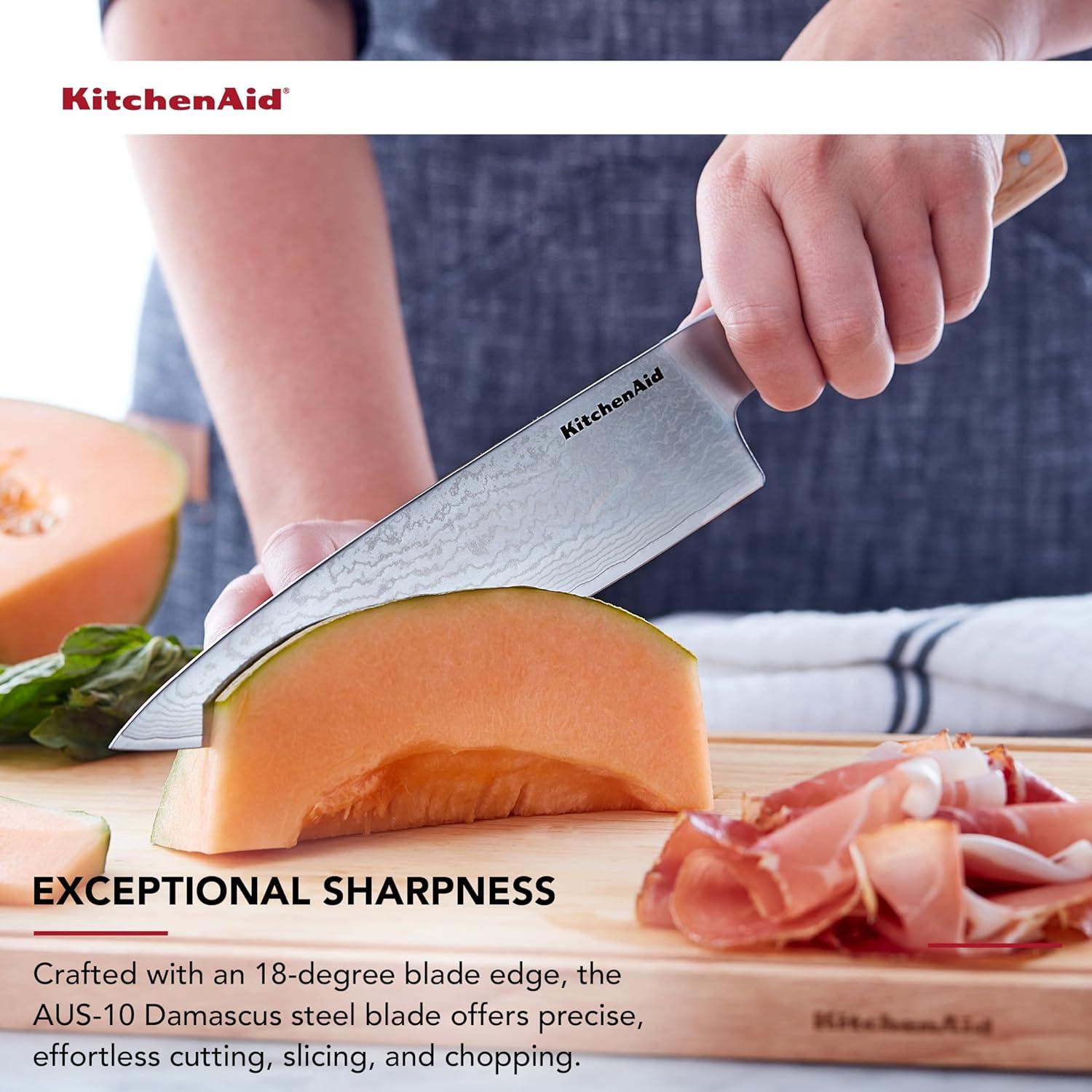 imageKitchenAid 6Piece Ashwood Knife Block Set Premium Damascus Steel Blades Pakkawood Handles SpaceSaving Design Includes Chef Santoku Slicing Utility ampamp Paring Knives Kitchen Knife SetBlonde