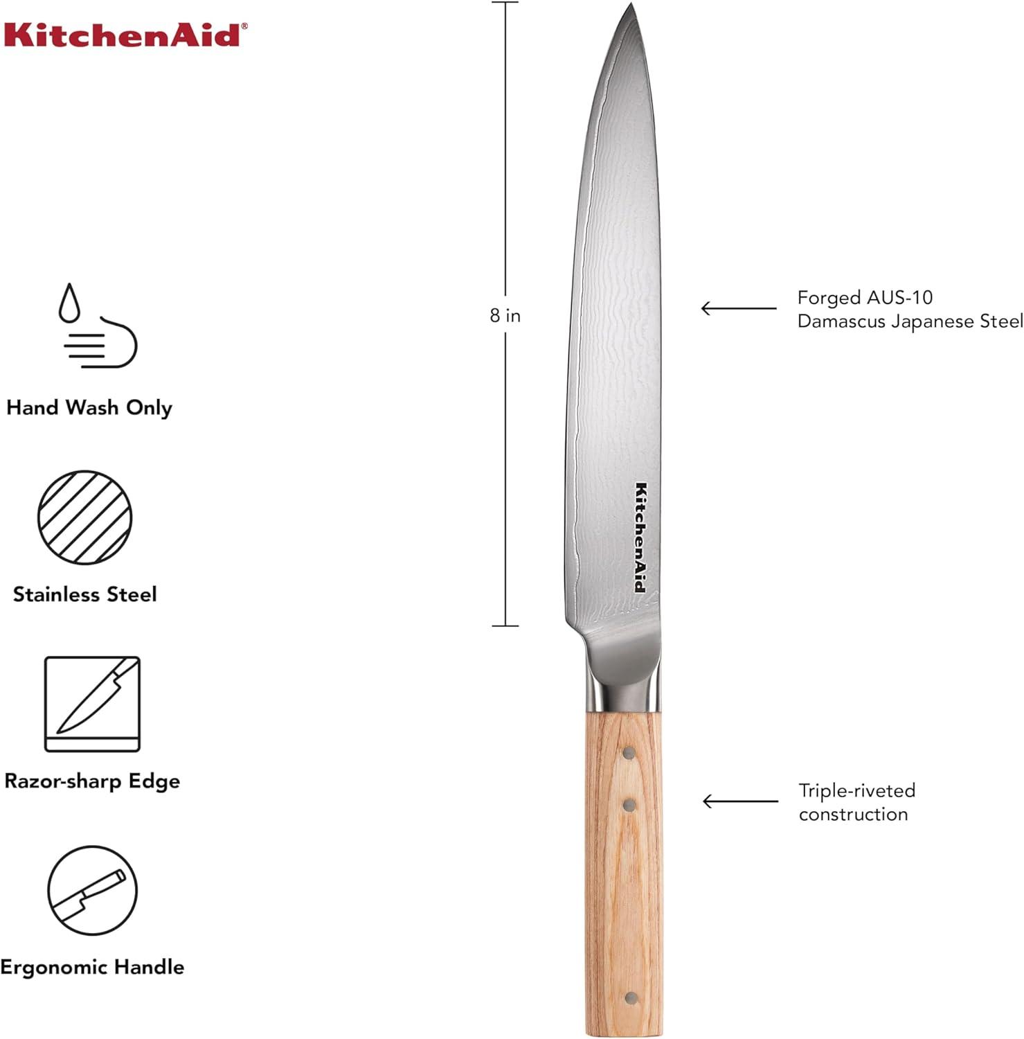 imageKitchenAid 6Piece Ashwood Knife Block Set Premium Damascus Steel Blades Pakkawood Handles SpaceSaving Design Includes Chef Santoku Slicing Utility ampamp Paring Knives Kitchen Knife SetBlonde
