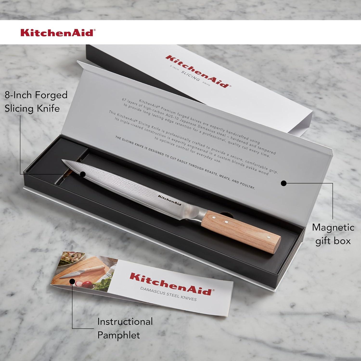 imageKitchenAid 6Piece Ashwood Knife Block Set Premium Damascus Steel Blades Pakkawood Handles SpaceSaving Design Includes Chef Santoku Slicing Utility ampamp Paring Knives Kitchen Knife SetBlonde