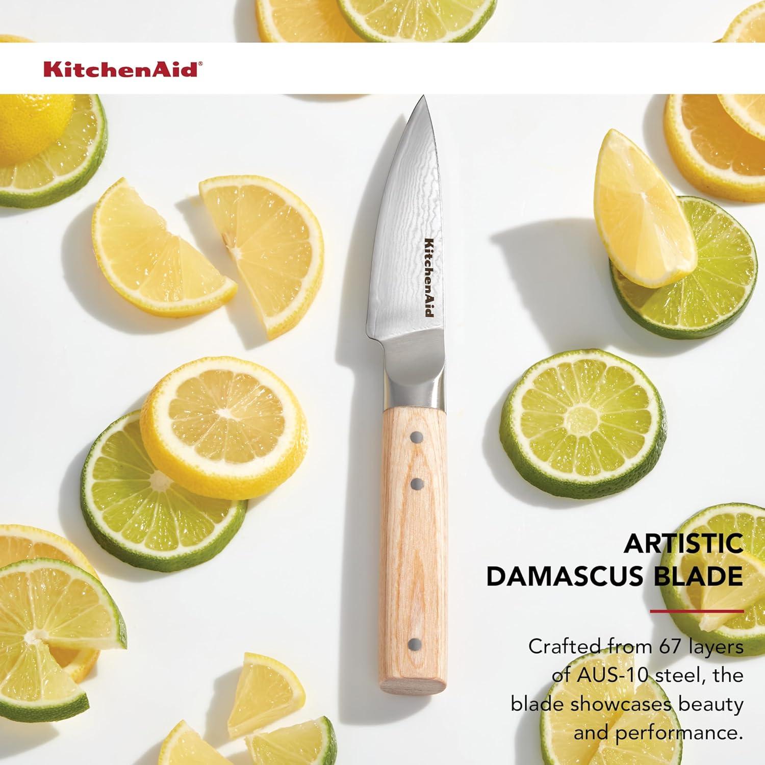 imageKitchenAid 6Piece Ashwood Knife Block Set Premium Damascus Steel Blades Pakkawood Handles SpaceSaving Design Includes Chef Santoku Slicing Utility ampamp Paring Knives Kitchen Knife SetBlonde