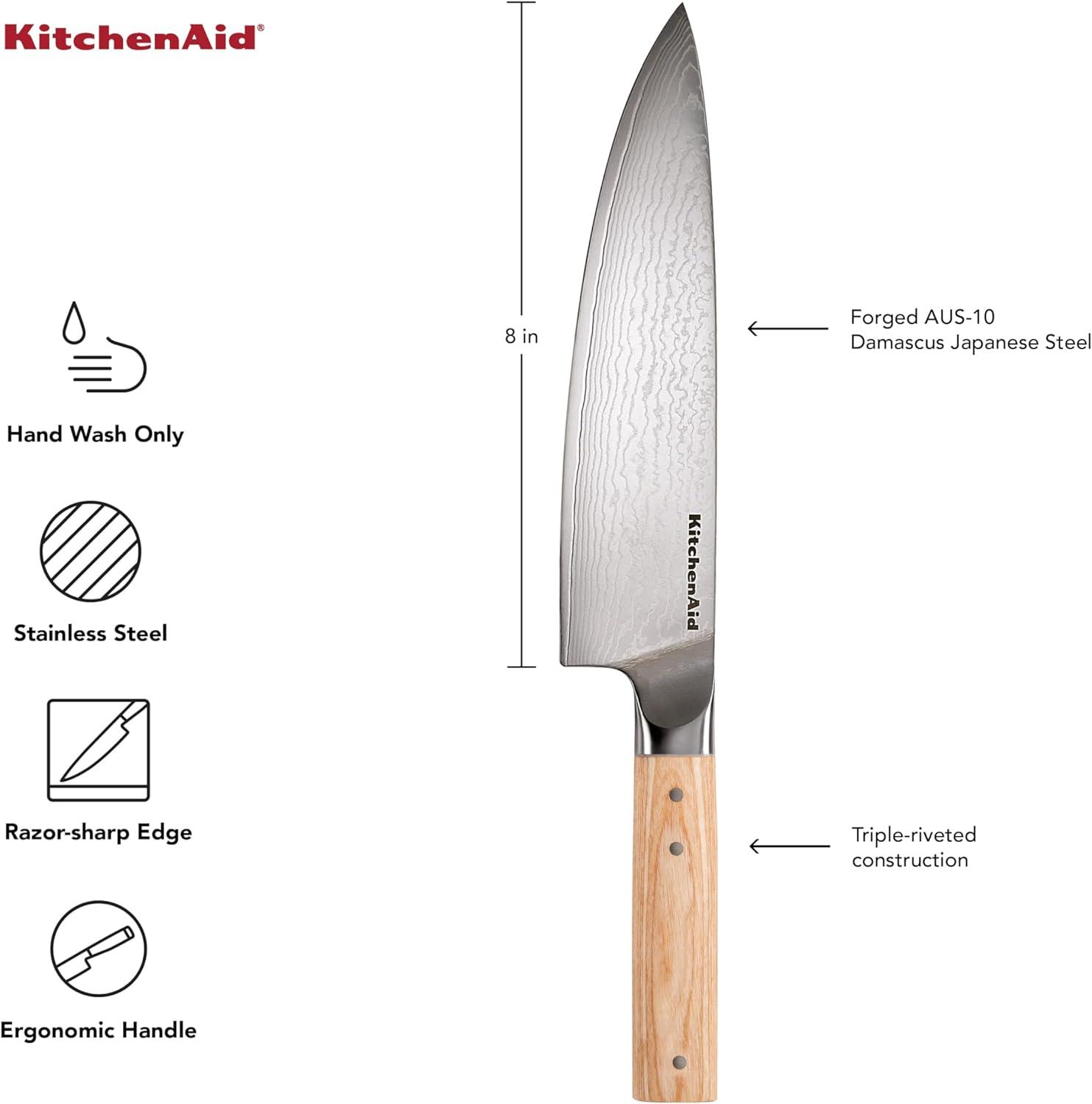 imageKitchenAid 6Piece Ashwood Knife Block Set Premium Damascus Steel Blades Pakkawood Handles SpaceSaving Design Includes Chef Santoku Slicing Utility ampamp Paring Knives Kitchen Knife SetBlonde