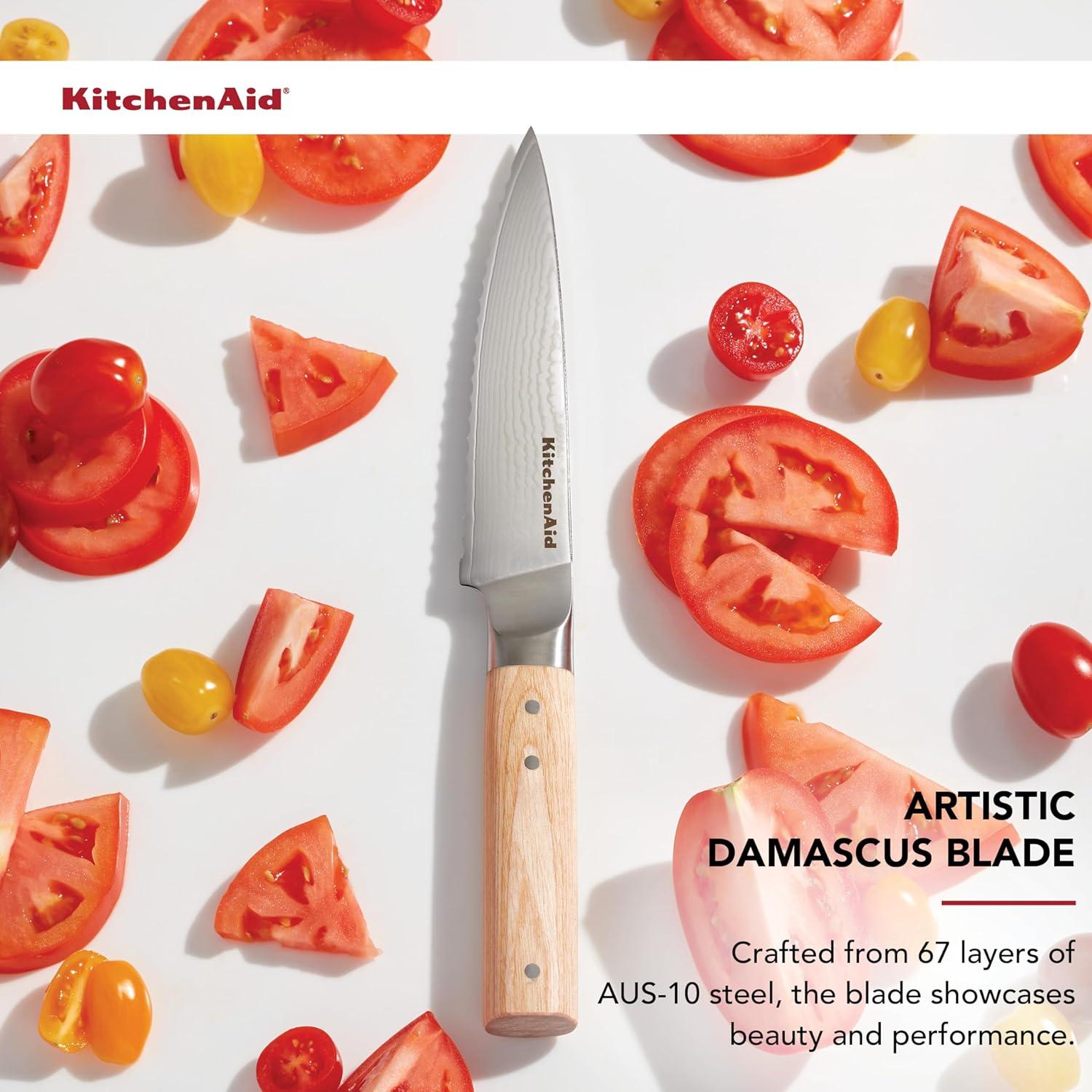 imageKitchenAid 6Piece Ashwood Knife Block Set Premium Damascus Steel Blades Pakkawood Handles SpaceSaving Design Includes Chef Santoku Slicing Utility ampamp Paring Knives Kitchen Knife SetBlonde