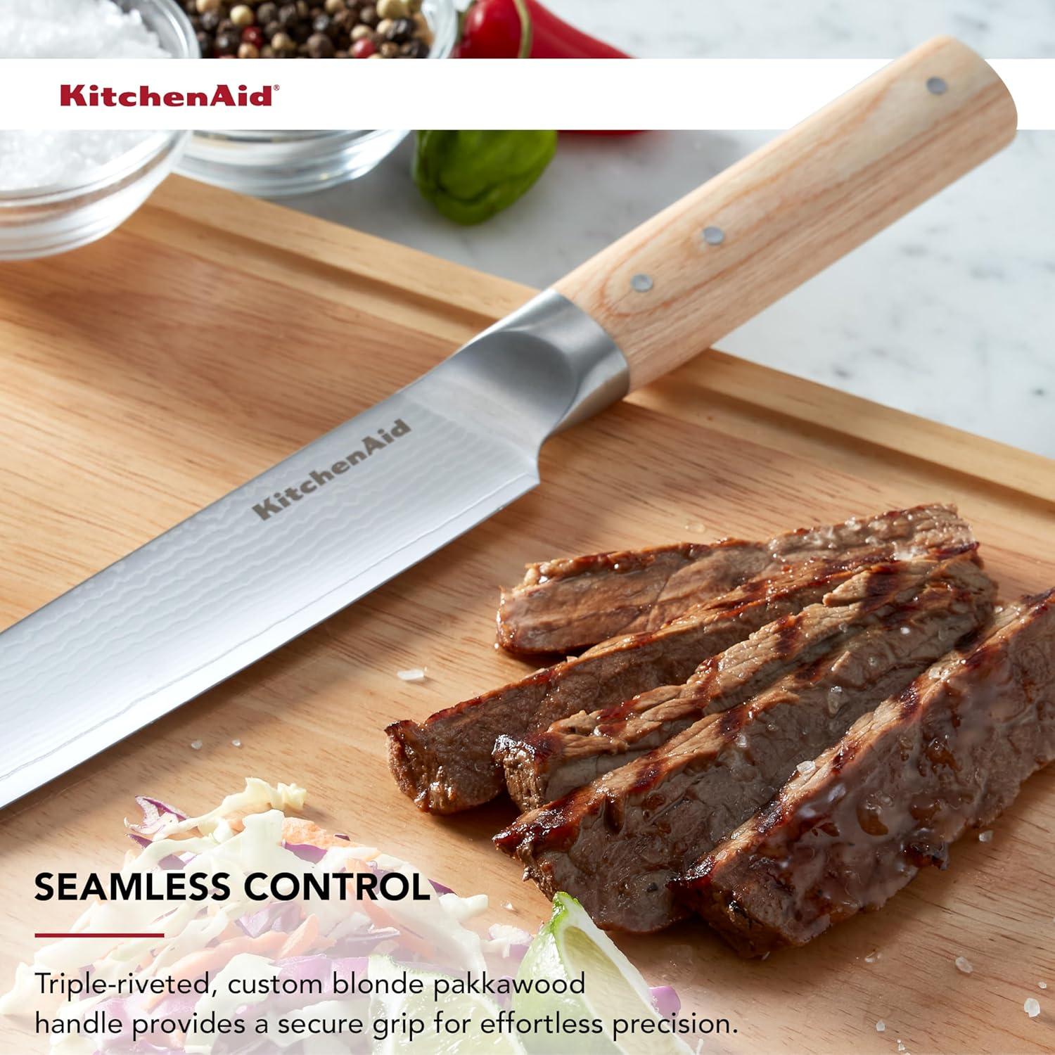 imageKitchenAid 6Piece Ashwood Knife Block Set Premium Damascus Steel Blades Pakkawood Handles SpaceSaving Design Includes Chef Santoku Slicing Utility ampamp Paring Knives Kitchen Knife SetBlonde