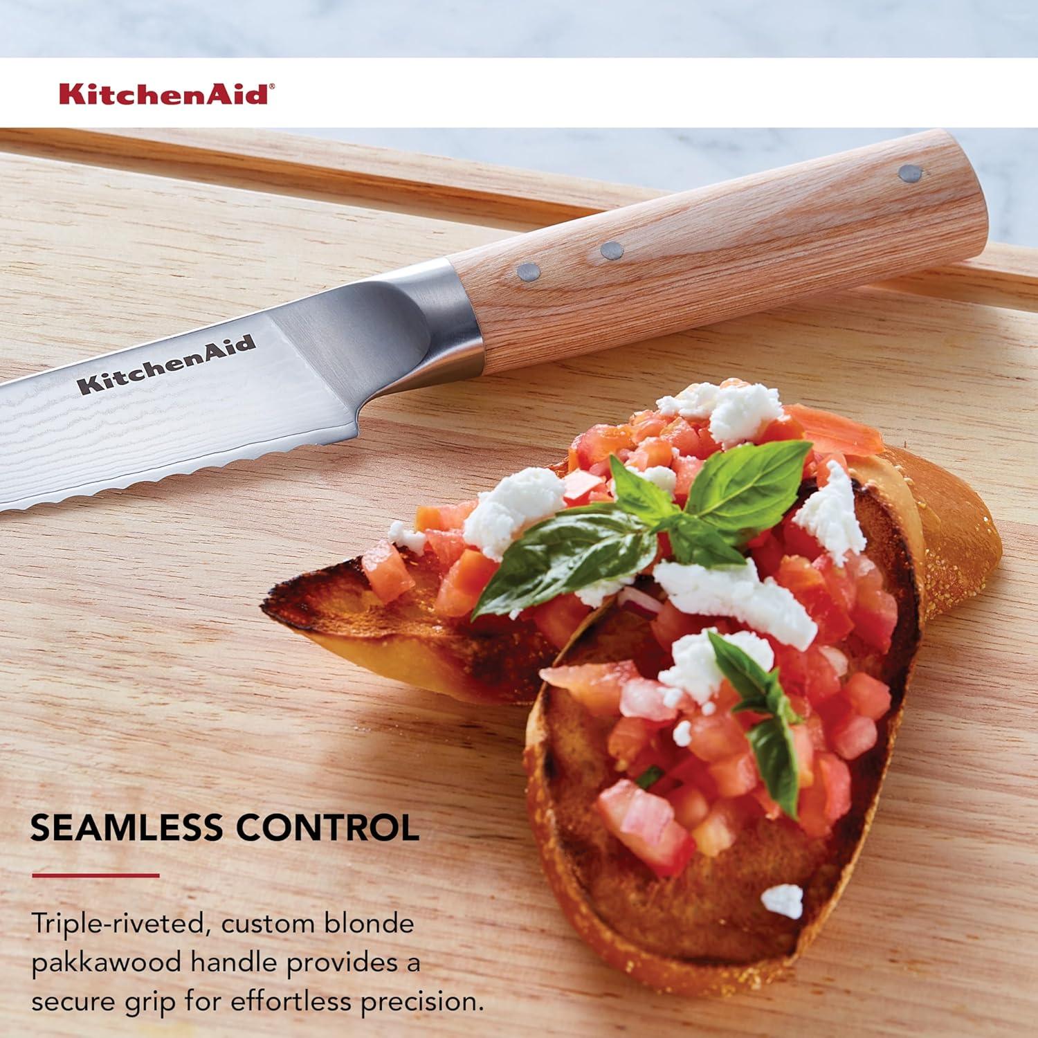 imageKitchenAid 6Piece Ashwood Knife Block Set Premium Damascus Steel Blades Pakkawood Handles SpaceSaving Design Includes Chef Santoku Slicing Utility ampamp Paring Knives Kitchen Knife SetBlonde