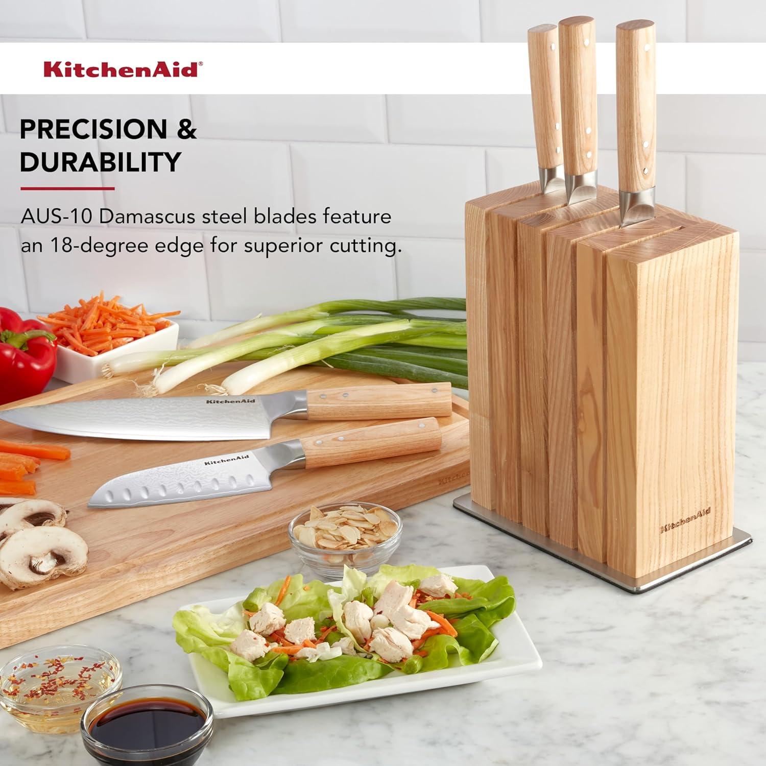 imageKitchenAid 6Piece Ashwood Knife Block Set Premium Damascus Steel Blades Pakkawood Handles SpaceSaving Design Includes Chef Santoku Slicing Utility ampamp Paring Knives Kitchen Knife SetBlonde