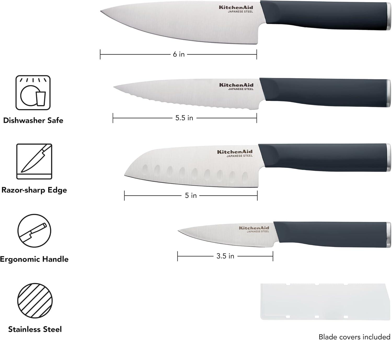 imageKitchenAid Chef Set with CustomFit Covers Sharp Kitchen Knife HighCarbon Japanese Stainless Steel Blade 4 Piece MulticolorCharcoal Gray