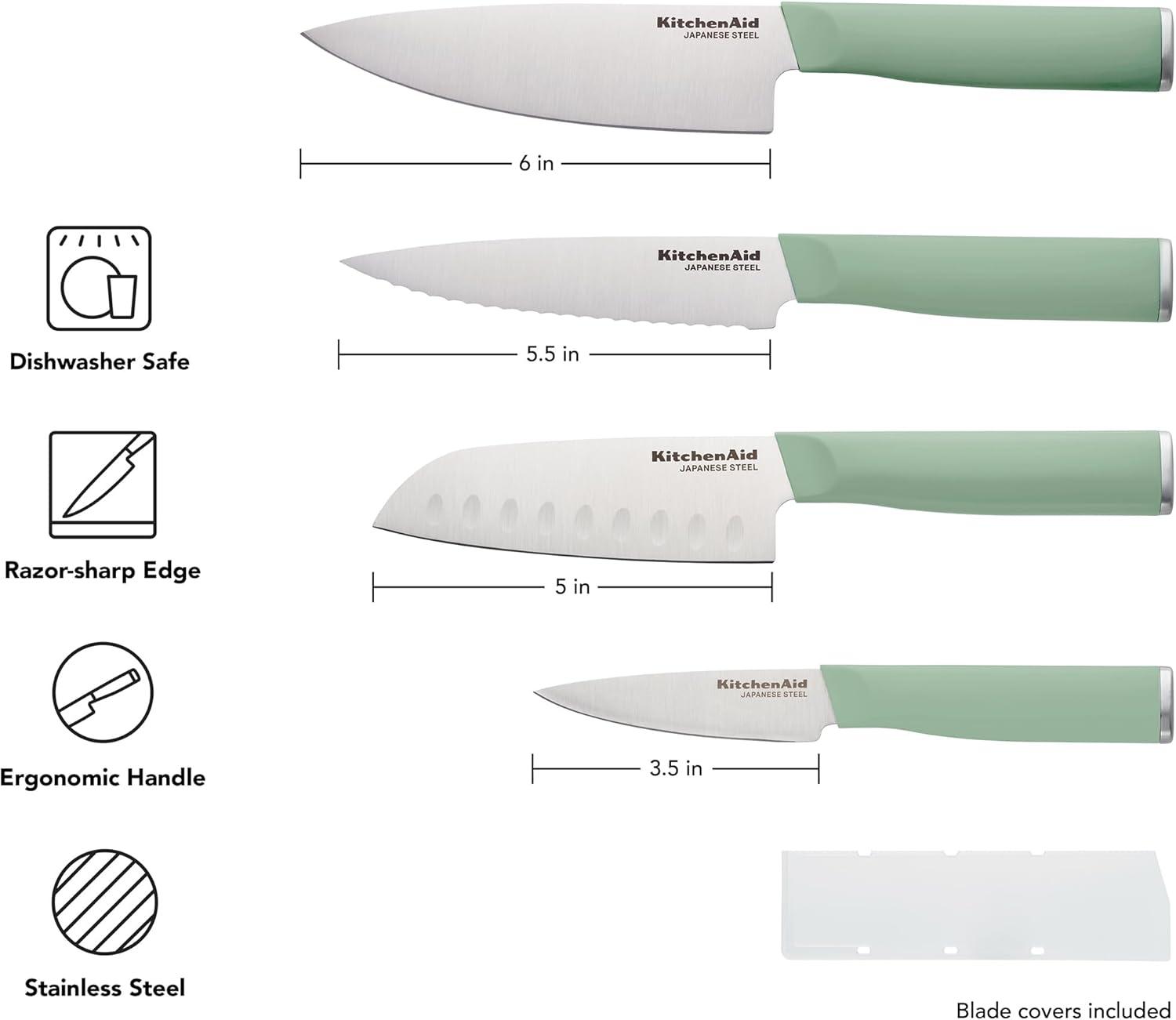 imageKitchenAid Chef Set with CustomFit Covers Sharp Kitchen Knife HighCarbon Japanese Stainless Steel Blade 4 Piece MulticolorPistachio