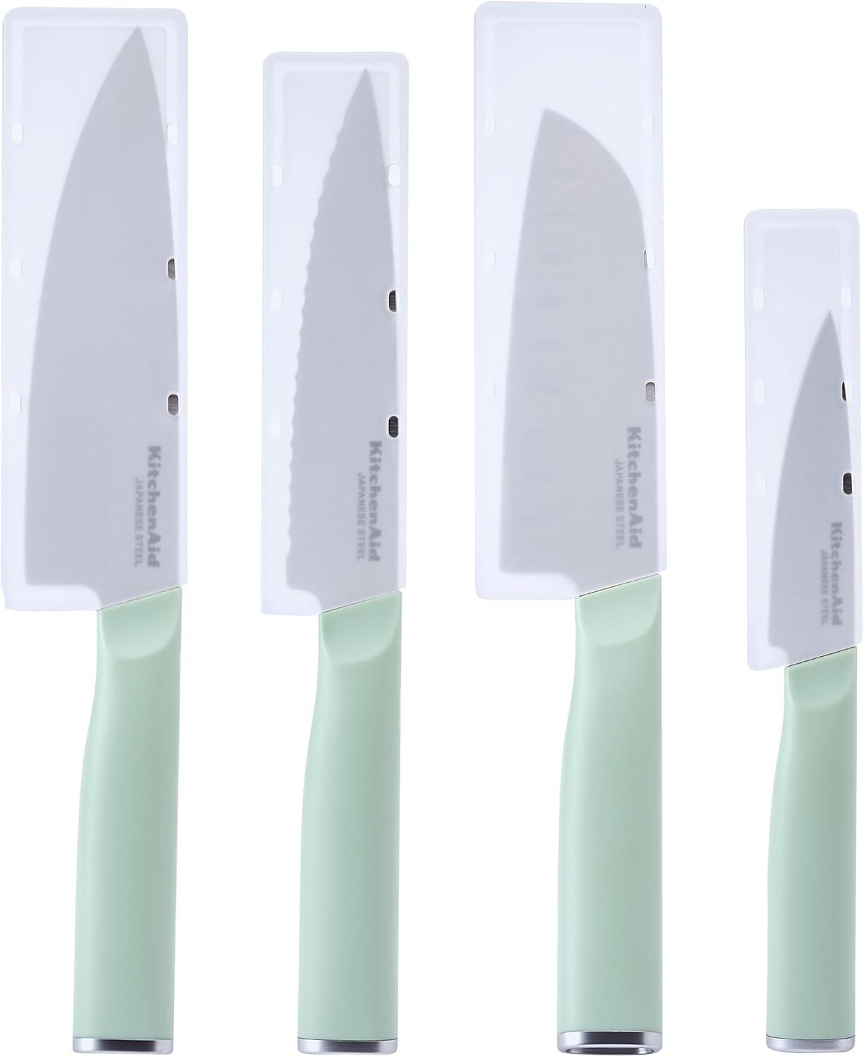 imageKitchenAid Chef Set with CustomFit Covers Sharp Kitchen Knife HighCarbon Japanese Stainless Steel Blade 4 Piece MulticolorPistachio